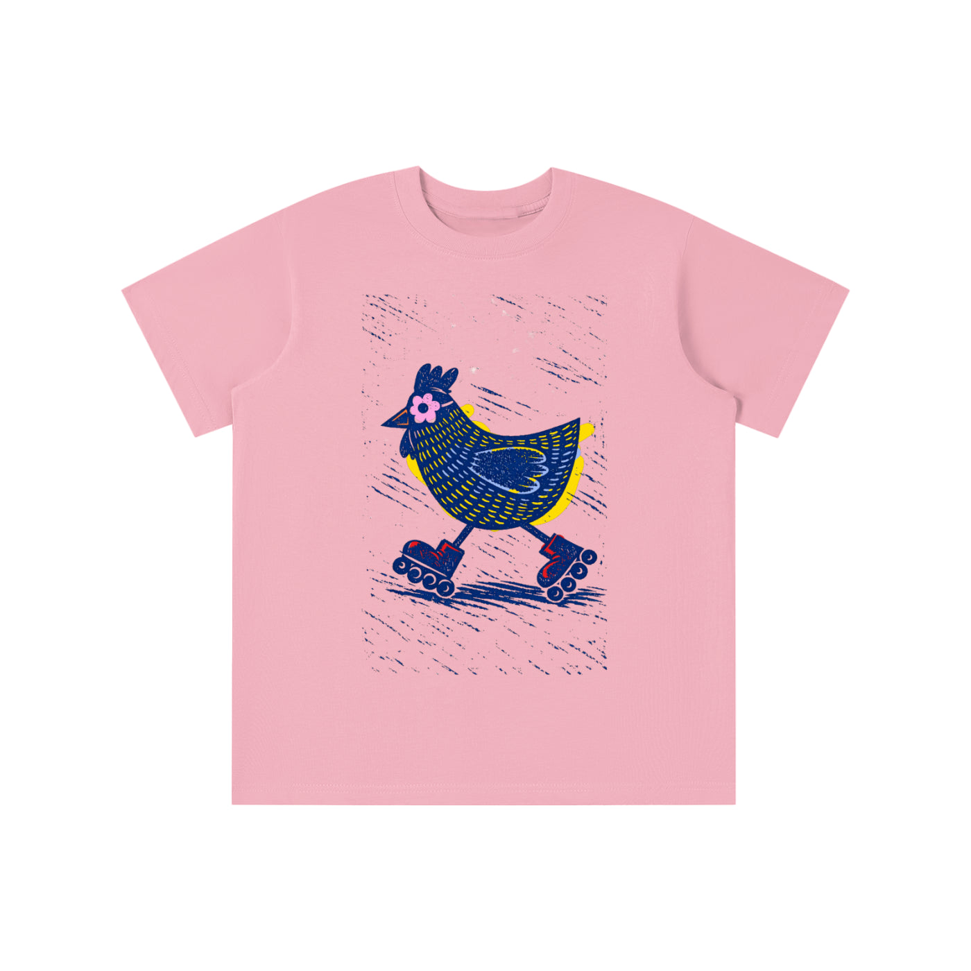Roller Skating Chicken graphic t-shirt featuring whimsical chicken artwork inspired by vintage fun and playful illustration.