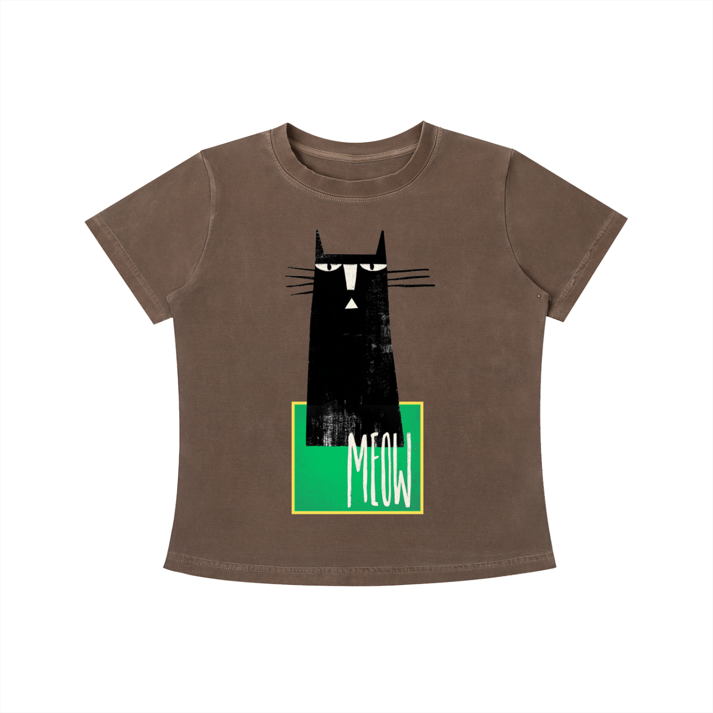 Brown MEOW graphic t-shirt featuring minimalist cat artwork inspired by feline lovers and modern design.