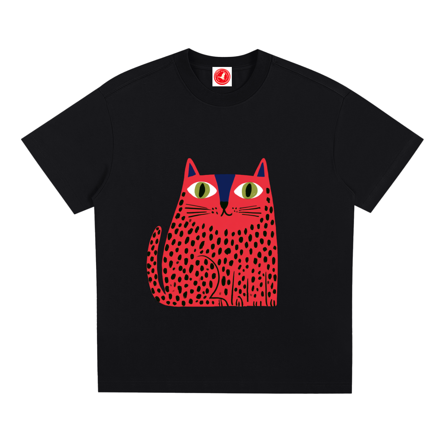 Short-sleeve crewneck t-shirt featuring a stylized graphic of a red cat with black spots and green eyes on the front, displayed against a solid white background.
