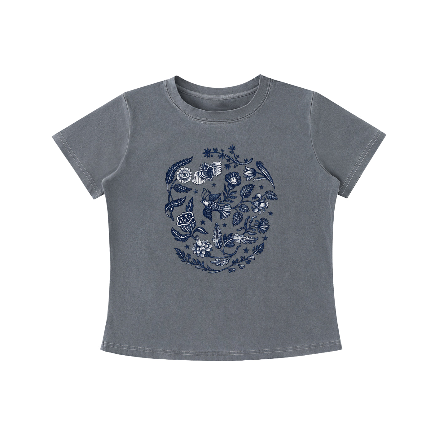 Botanical Blue Folk Art Graphic Tee