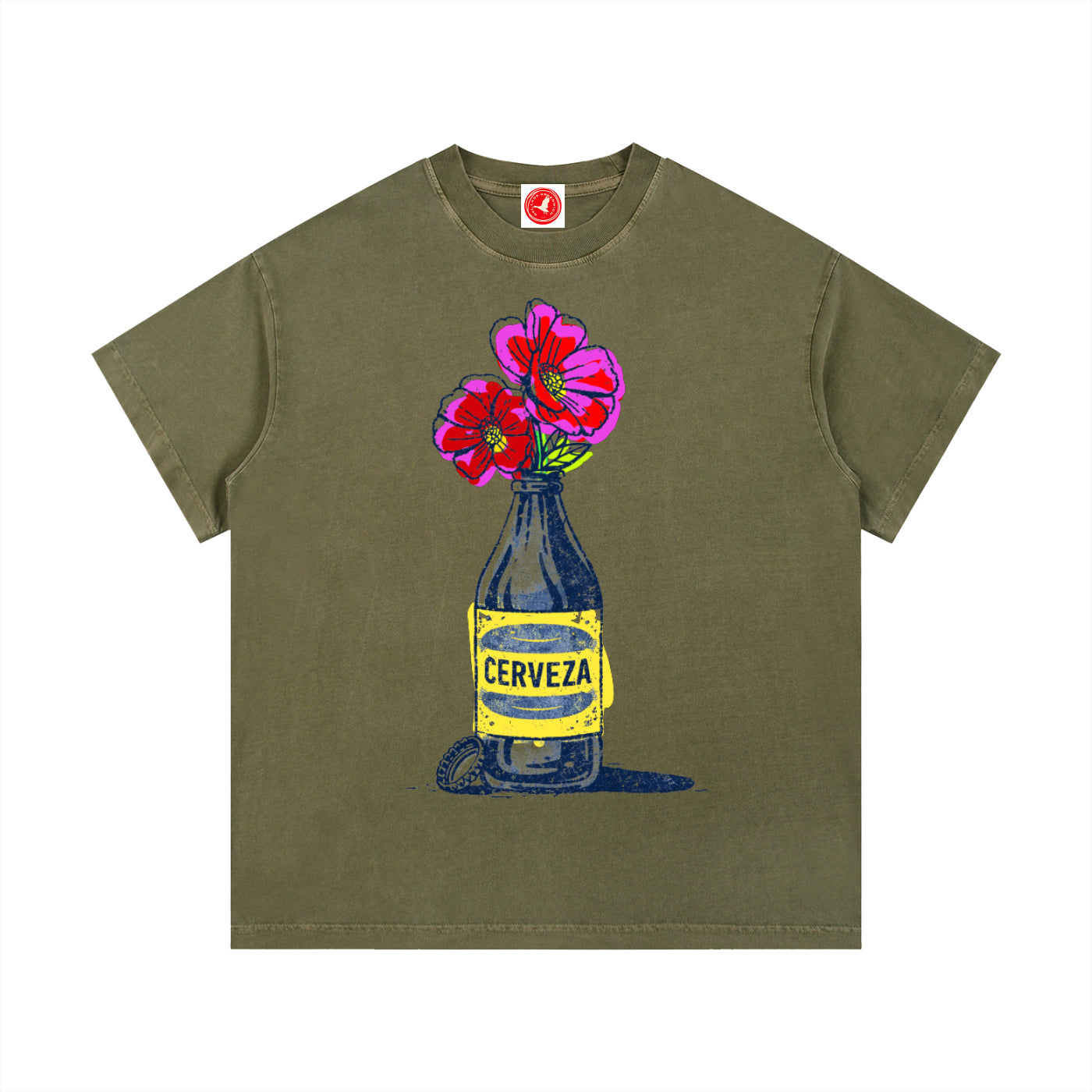 Olive green Cerveza Bloom Bottle graphic t-shirt featuring floral bottle artwork inspired by vintage design and botanical illustration.