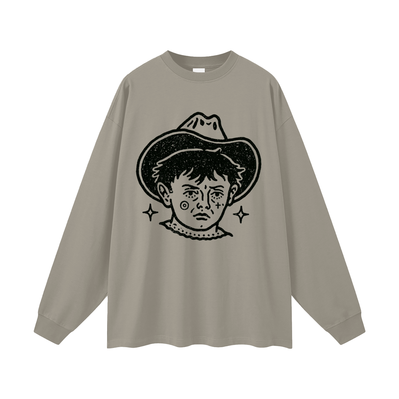 Beige long-sleeve shirt with black graphic of a tattooed cowboy