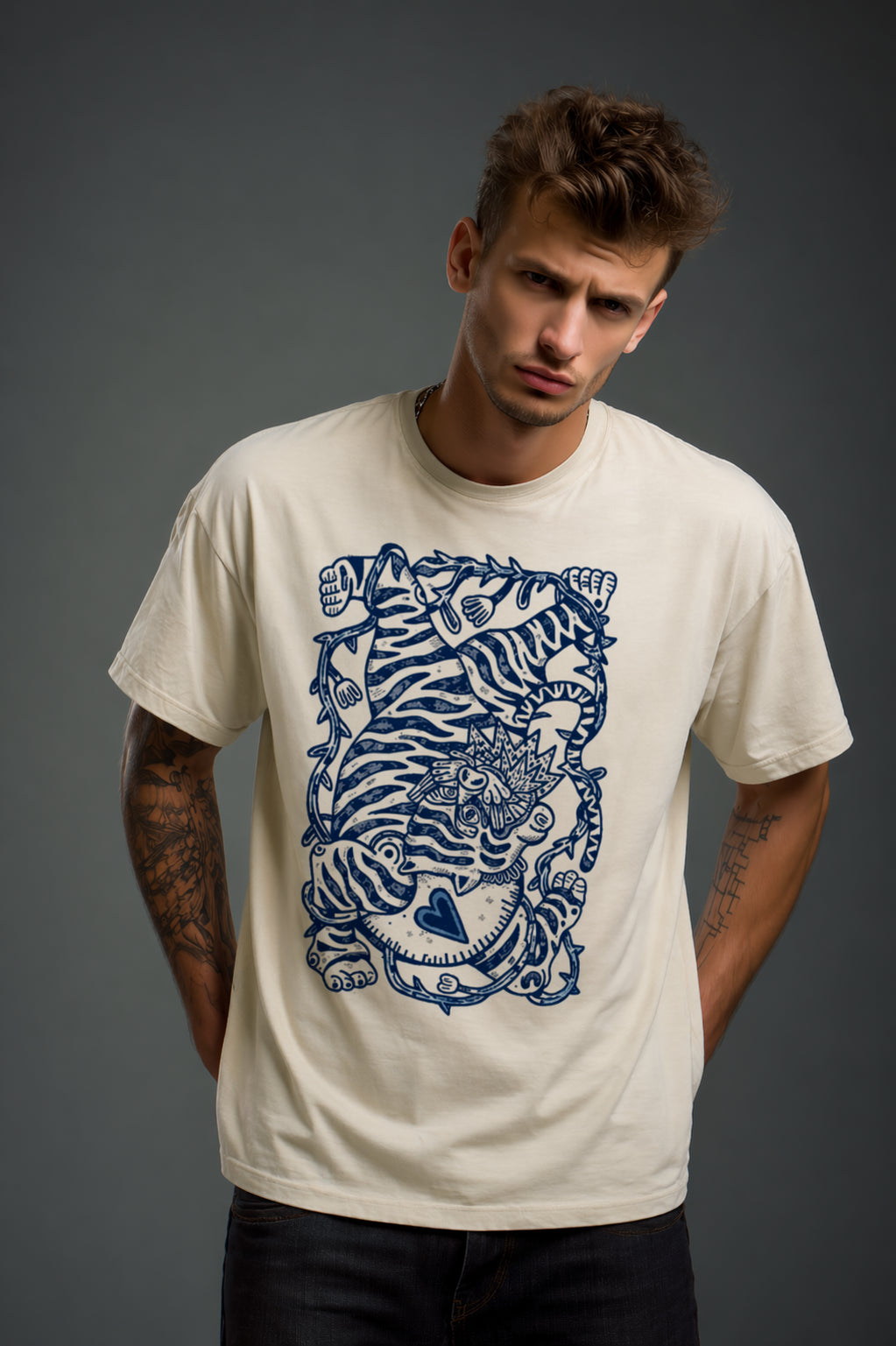 Man wearing a white Ink Tiger graphic t-shirt featuring bold tiger artwork inspired by wildlife and traditional ink illustration.