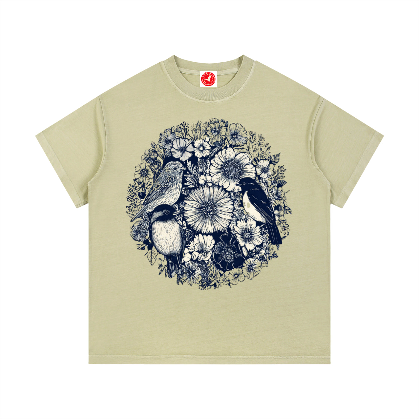 Beige Floral Birds Circle graphic t-shirt featuring botanical bird artwork arranged in a decorative floral design.