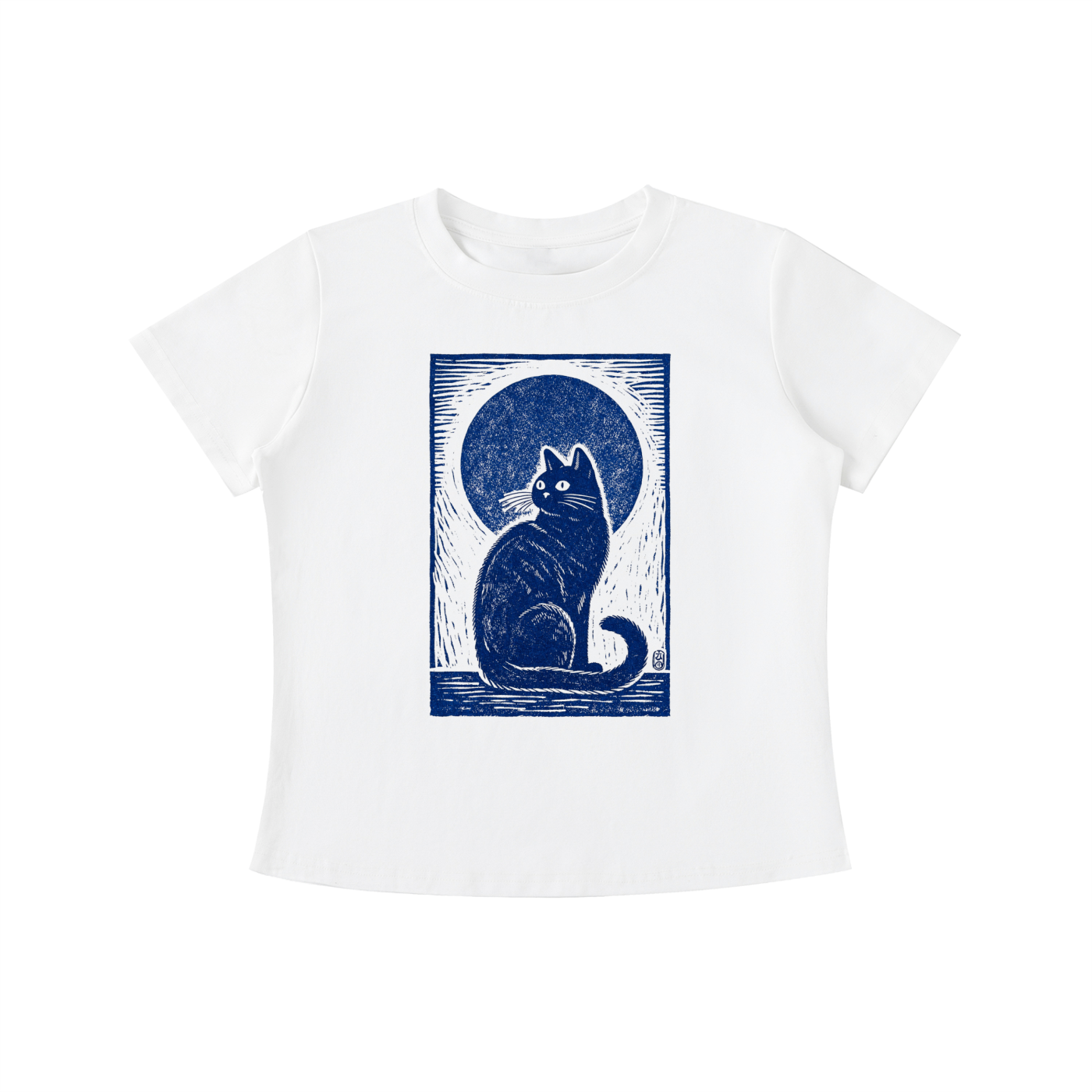White Midnight Cat Indigo graphic t-shirt featuring artistic cat artwork inspired by moonlit evenings and feline charm.
