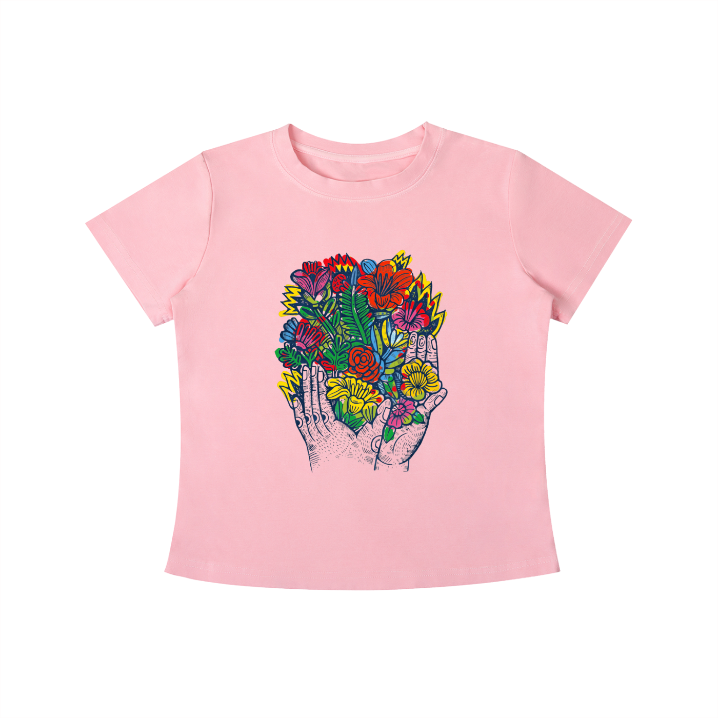 Pink Bloom in Hand graphic t-shirt featuring floral hand artwork inspired by nature, creativity, and botanical illustration.