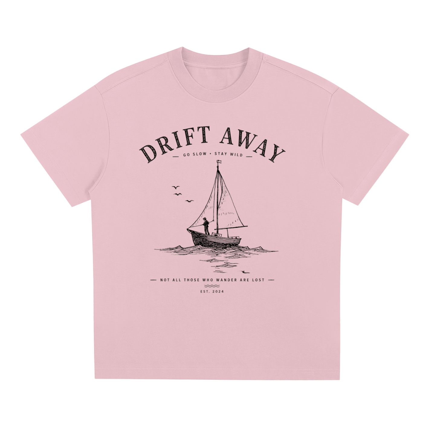 Pink Coastal graphic t-shirt featuring laid-back artwork inspired by ocean breezes, travel, and relaxation.