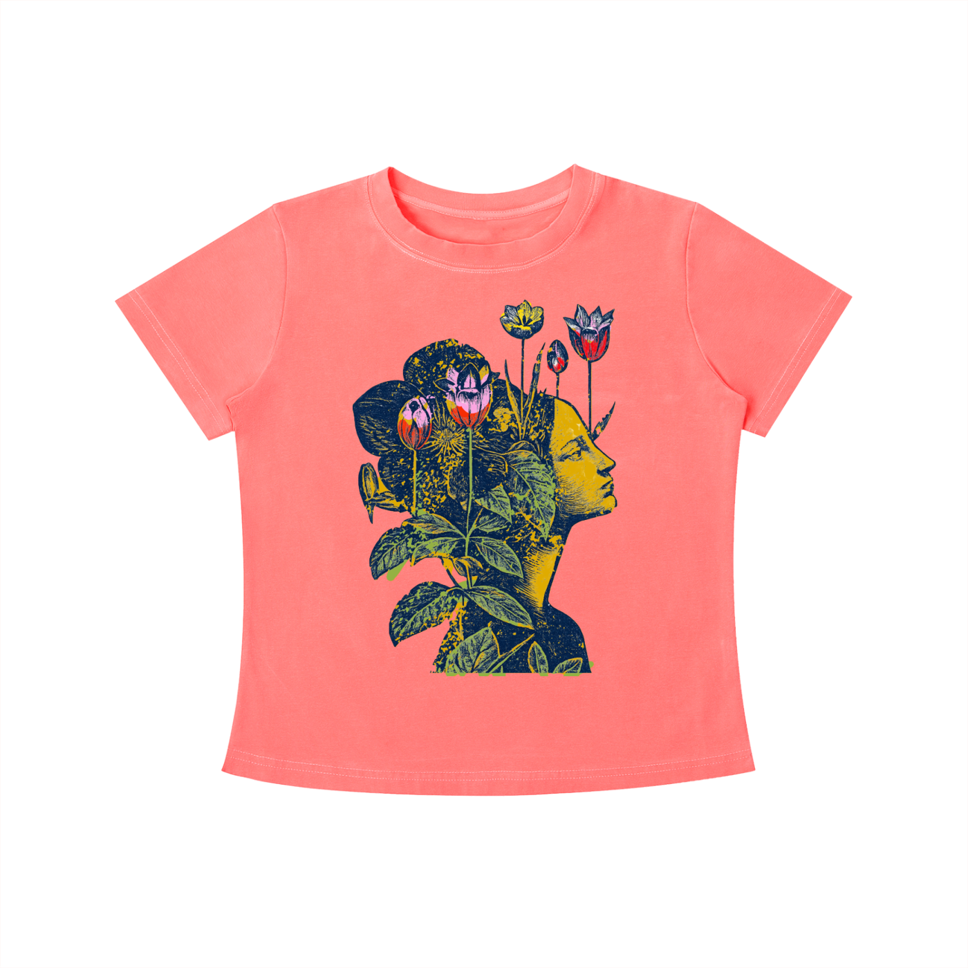 Coral Floral Mind Silhouette graphic t-shirt featuring artistic portrait artwork blended with botanical elements and creative expression.