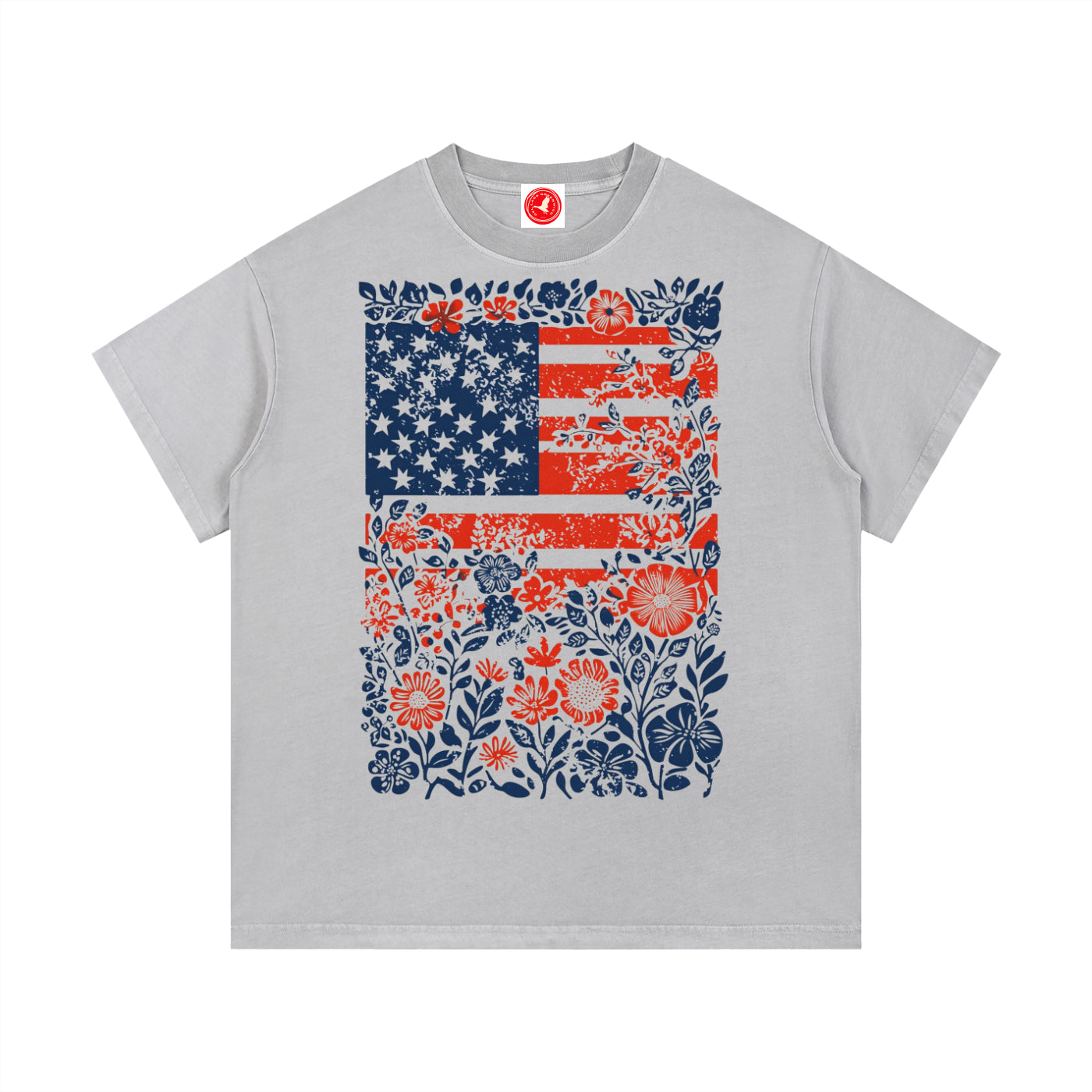 Gray Floral Americana Flag graphic t-shirt featuring patriotic artwork blended with floral design and American heritage.