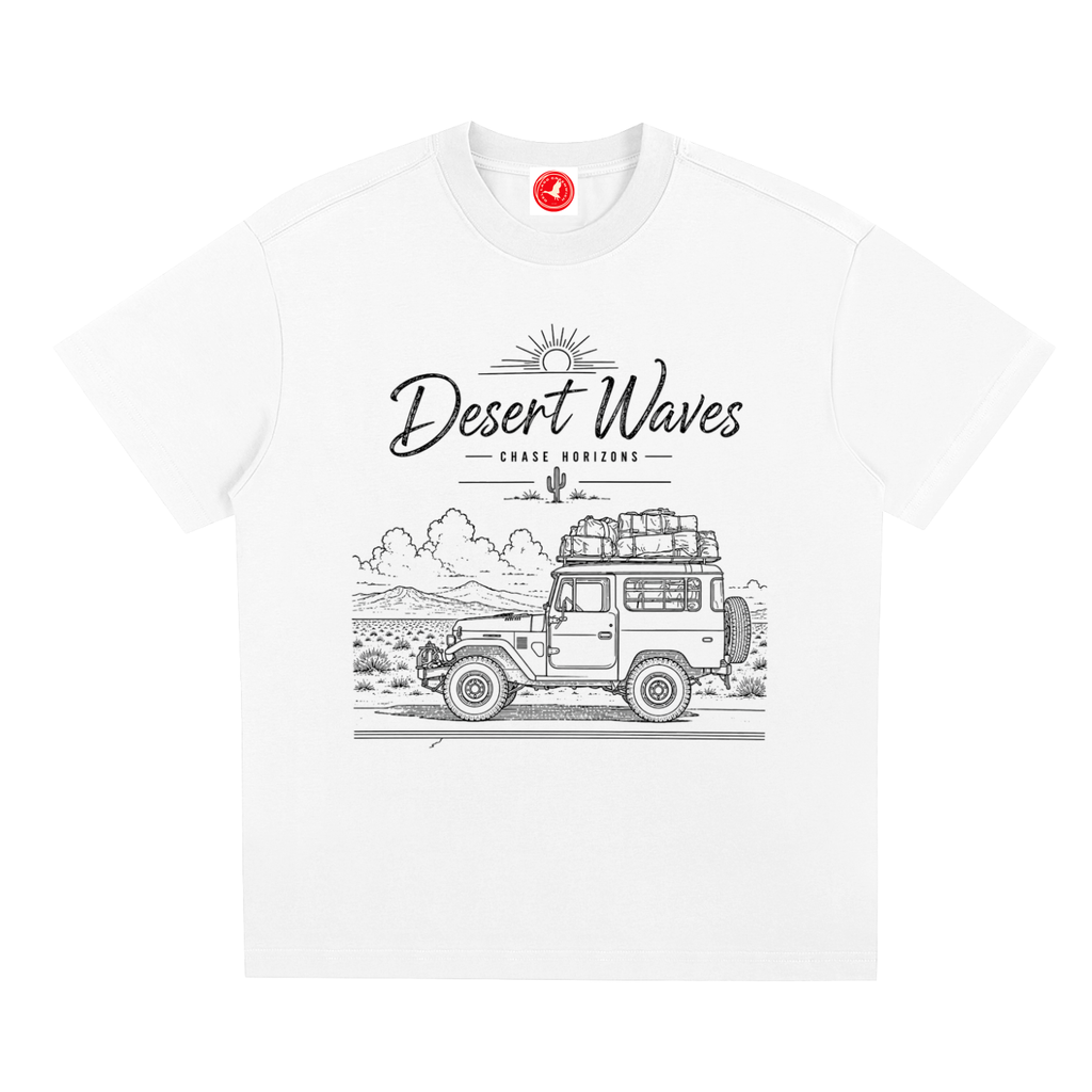 White Desert-inspired graphic t-shirt featuring artistic landscape artwork blending desert scenery with coastal influences.