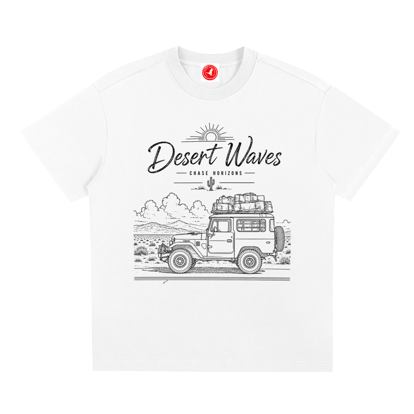 White Desert-inspired graphic t-shirt featuring artistic landscape artwork blending desert scenery with coastal influences.