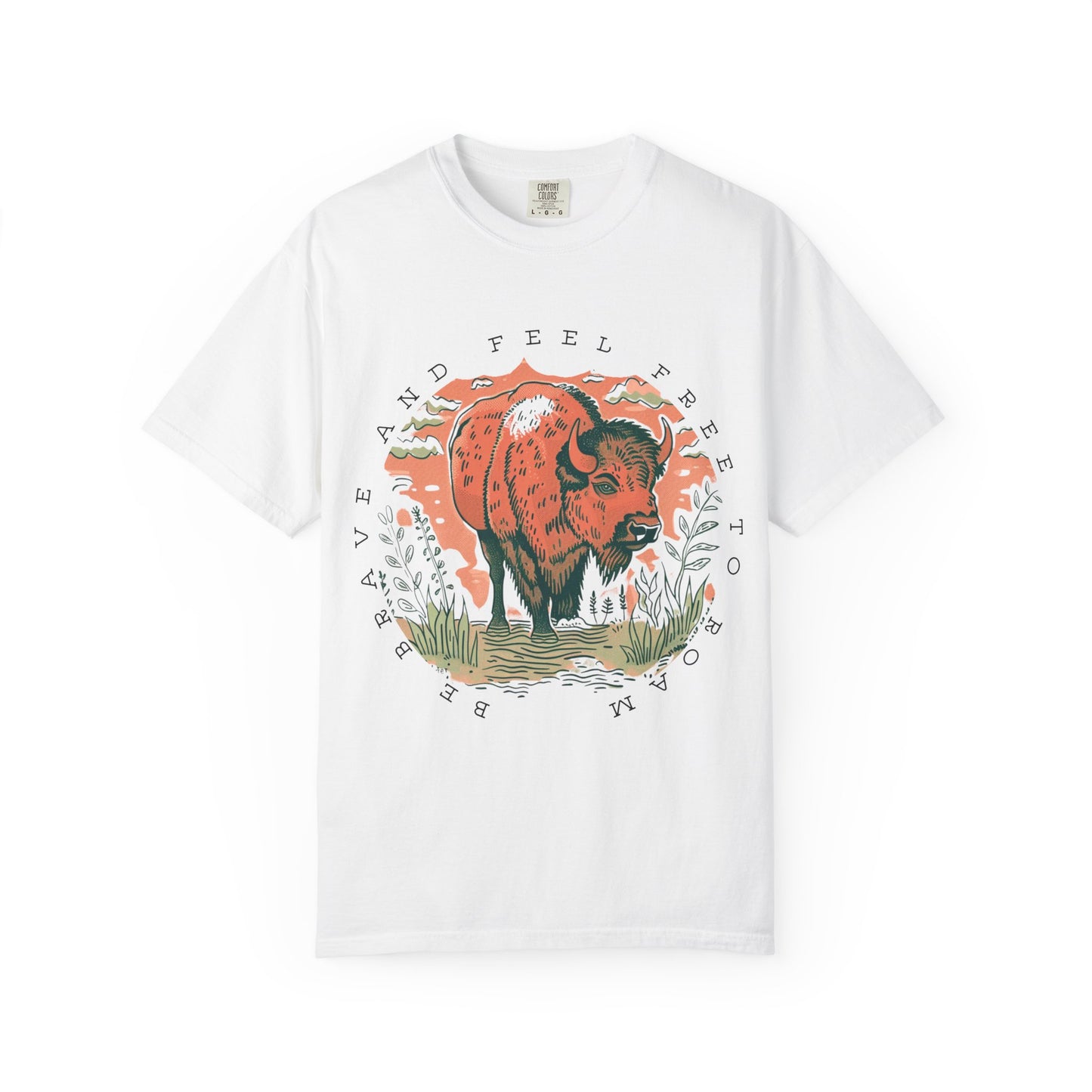 White t-shirt with a red and orange graphic of a bison and text on a white background