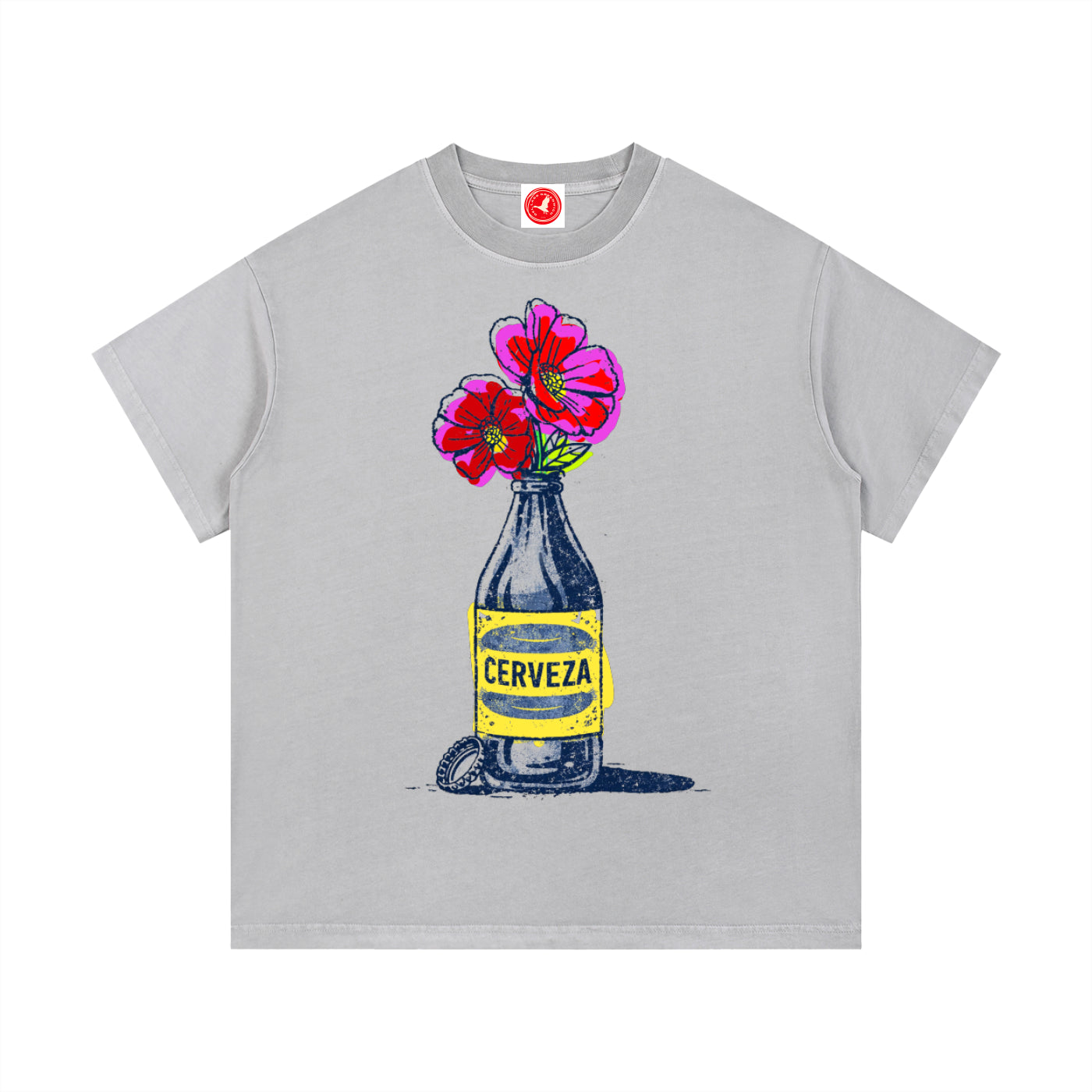 Gray Cerveza Bloom Bottle graphic t-shirt featuring floral bottle artwork inspired by vintage design and botanical illustration.