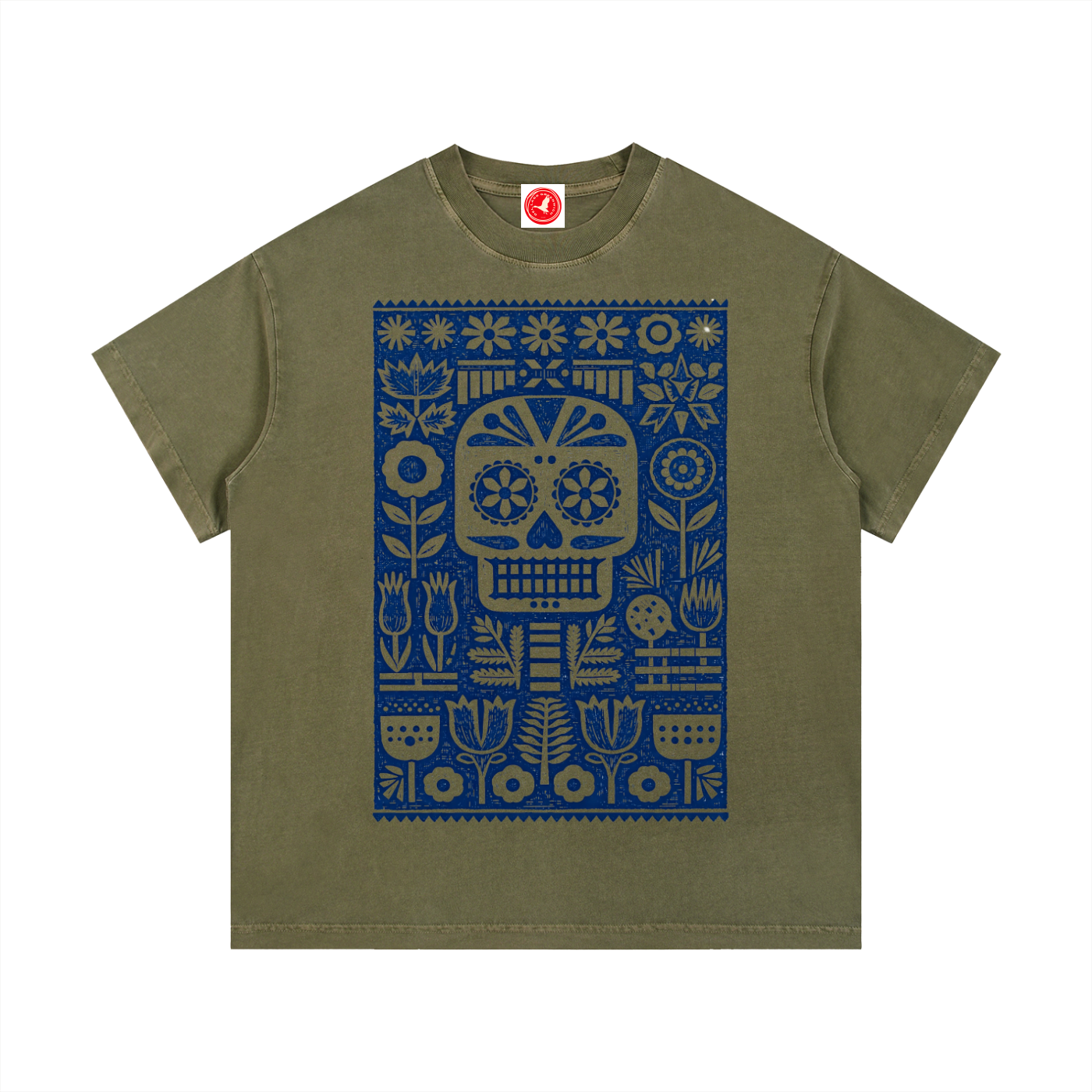Green t-shirt with blue skull and floral design on a white background