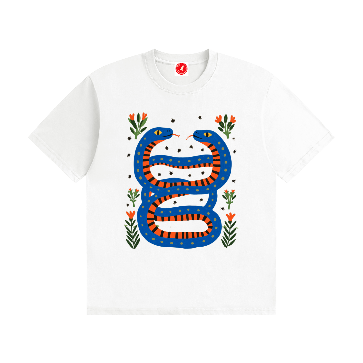 Twin Serpents boys graphic t-shirt featuring original blue and orange serpent artwork with floral accents. Soft cotton short-sleeve tee laid flat on a white background by Del Lago Greenwich.