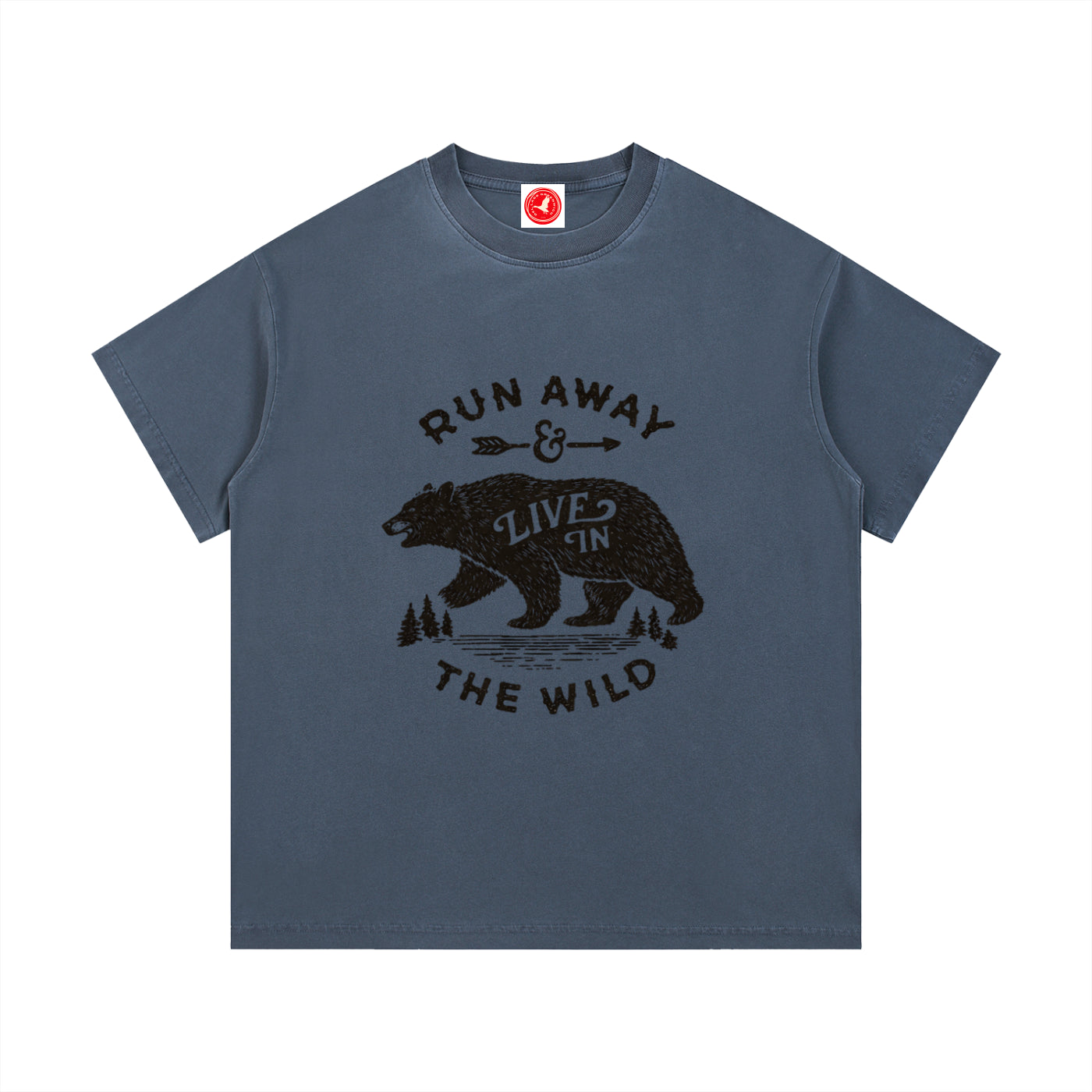 Blue Run Away and Live in the Wild graphic t-shirt featuring bear artwork inspired by wilderness, nature, and outdoor adventure.