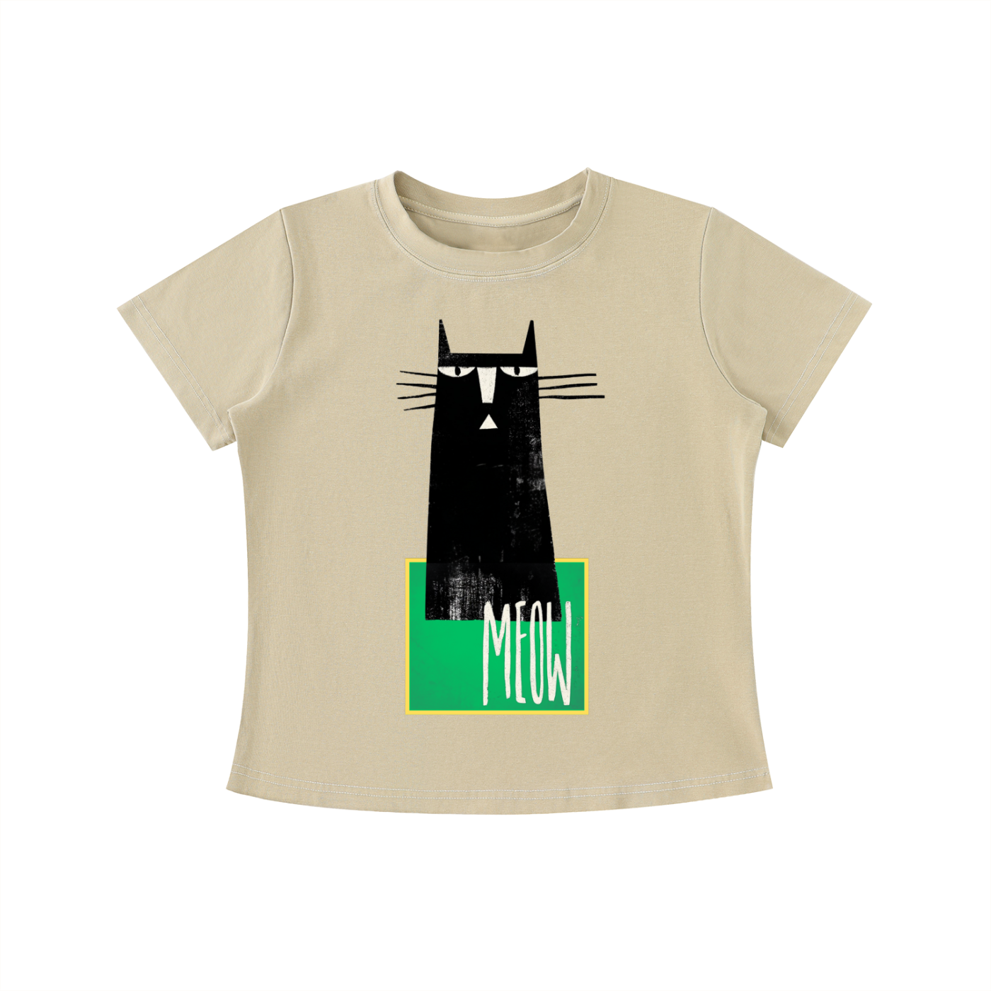 Beige MEOW graphic t-shirt featuring minimalist cat artwork inspired by feline lovers and modern design.