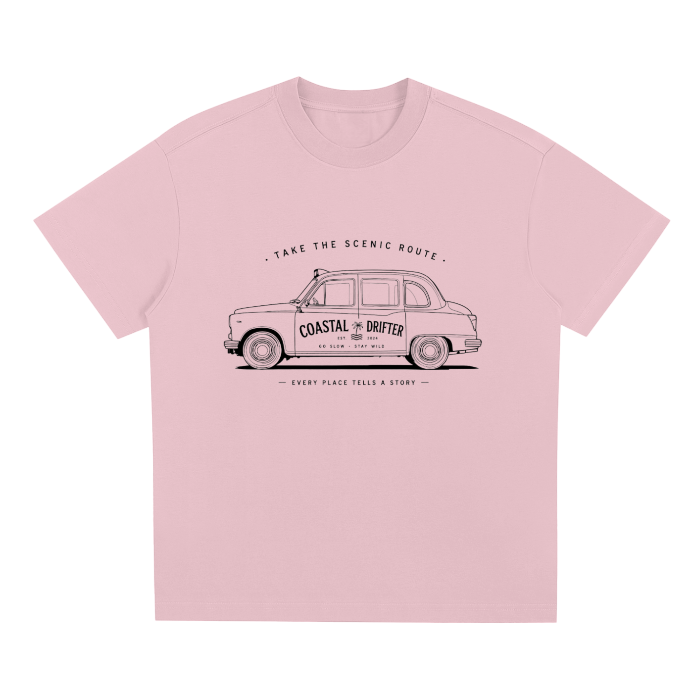 Pink Coastal lifestyle graphic t-shirt featuring beach-inspired artwork for ocean lovers and adventure seekers.