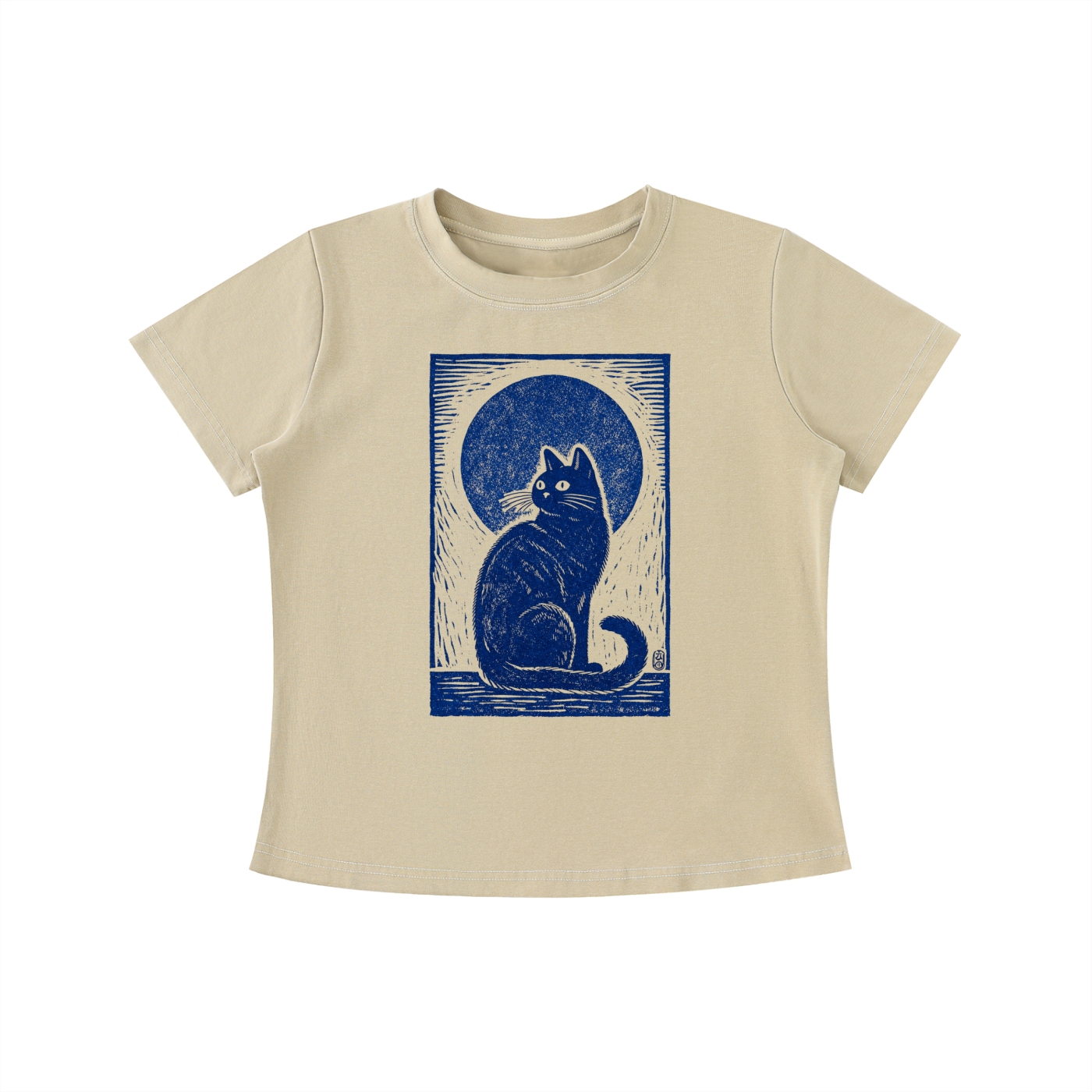 Beige Midnight Cat Indigo graphic t-shirt featuring artistic cat artwork inspired by moonlit evenings and feline charm.