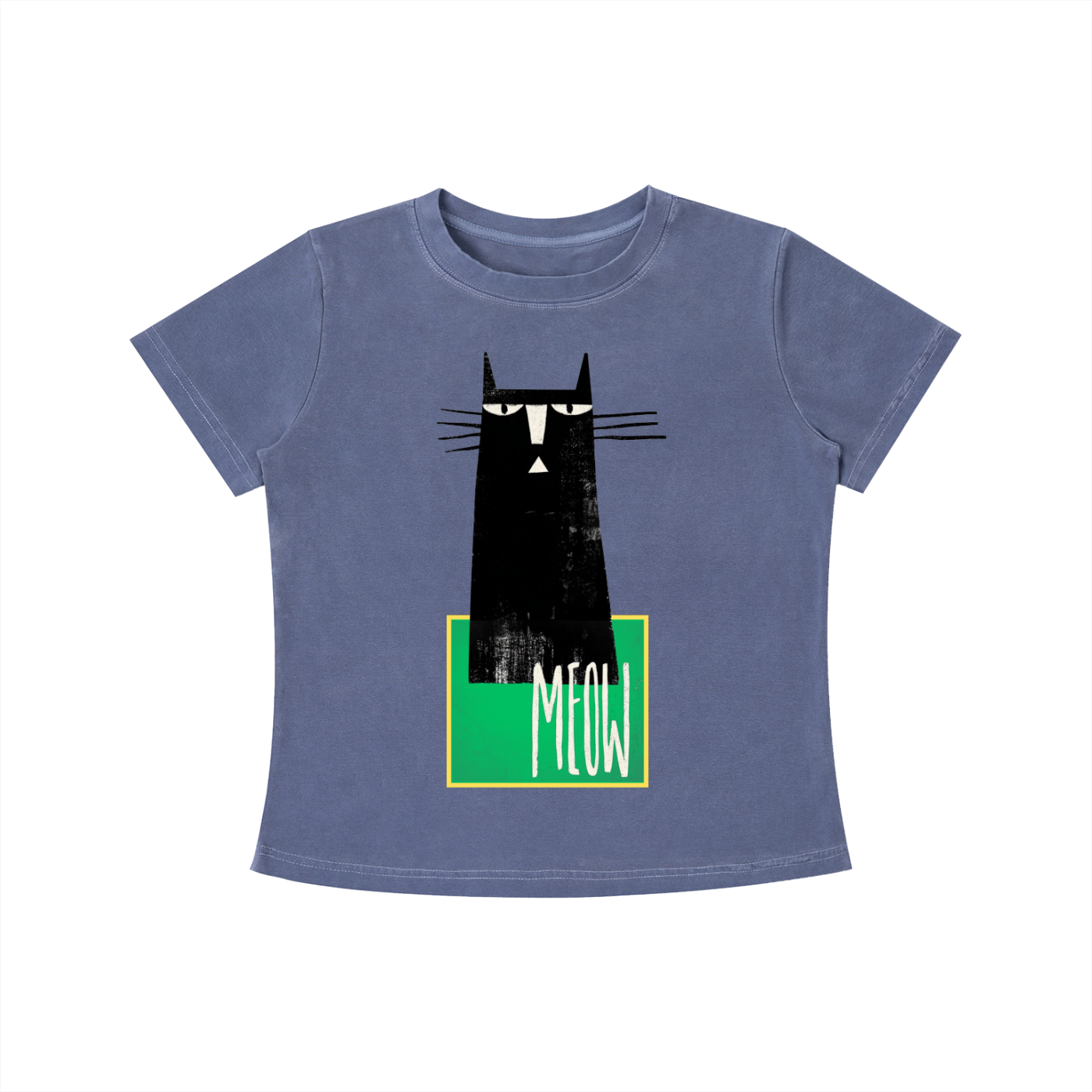 Blue MEOW graphic t-shirt featuring minimalist cat artwork inspired by feline lovers and modern design.