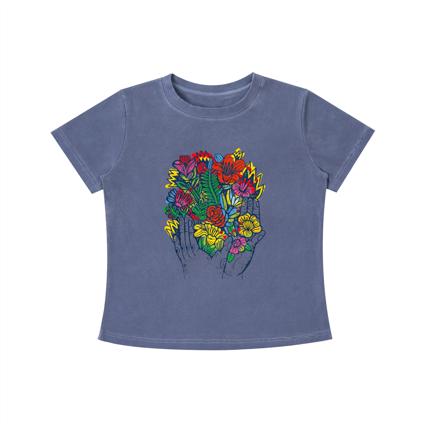Blue Bloom in Hand graphic t-shirt featuring floral hand artwork inspired by nature, creativity, and botanical illustration.