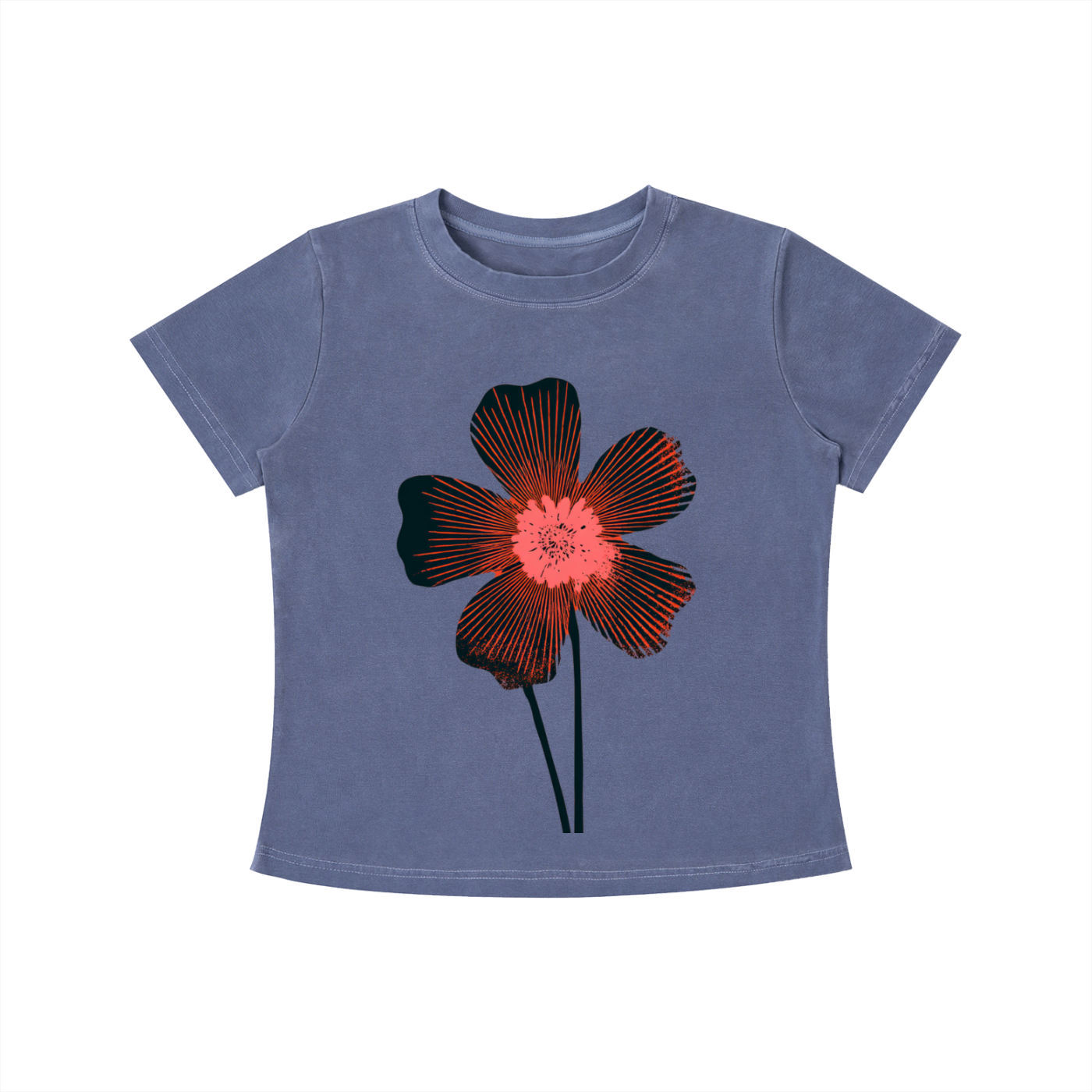 Blue Midnight Bloom graphic t-shirt featuring floral artwork inspired by wildflowers, moonlit gardens, and natural beauty.