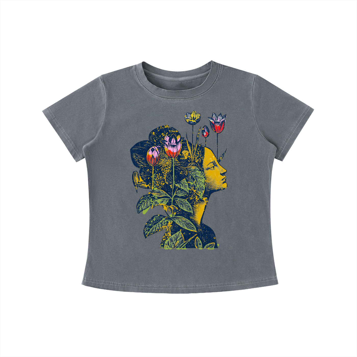 Gray Floral Mind Silhouette graphic t-shirt featuring artistic portrait artwork blended with botanical elements and creative expression.