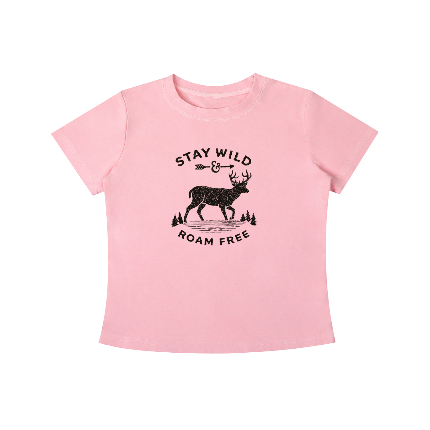 Pink Stay Wild Roam Free graphic t-shirt featuring adventure-inspired artwork celebrating freedom, exploration, and outdoor living.