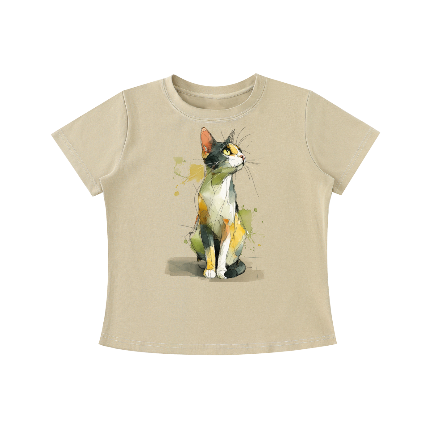 Beige Watercolor Cat graphic t-shirt featuring artistic cat artwork inspired by watercolor illustration and feline lovers.