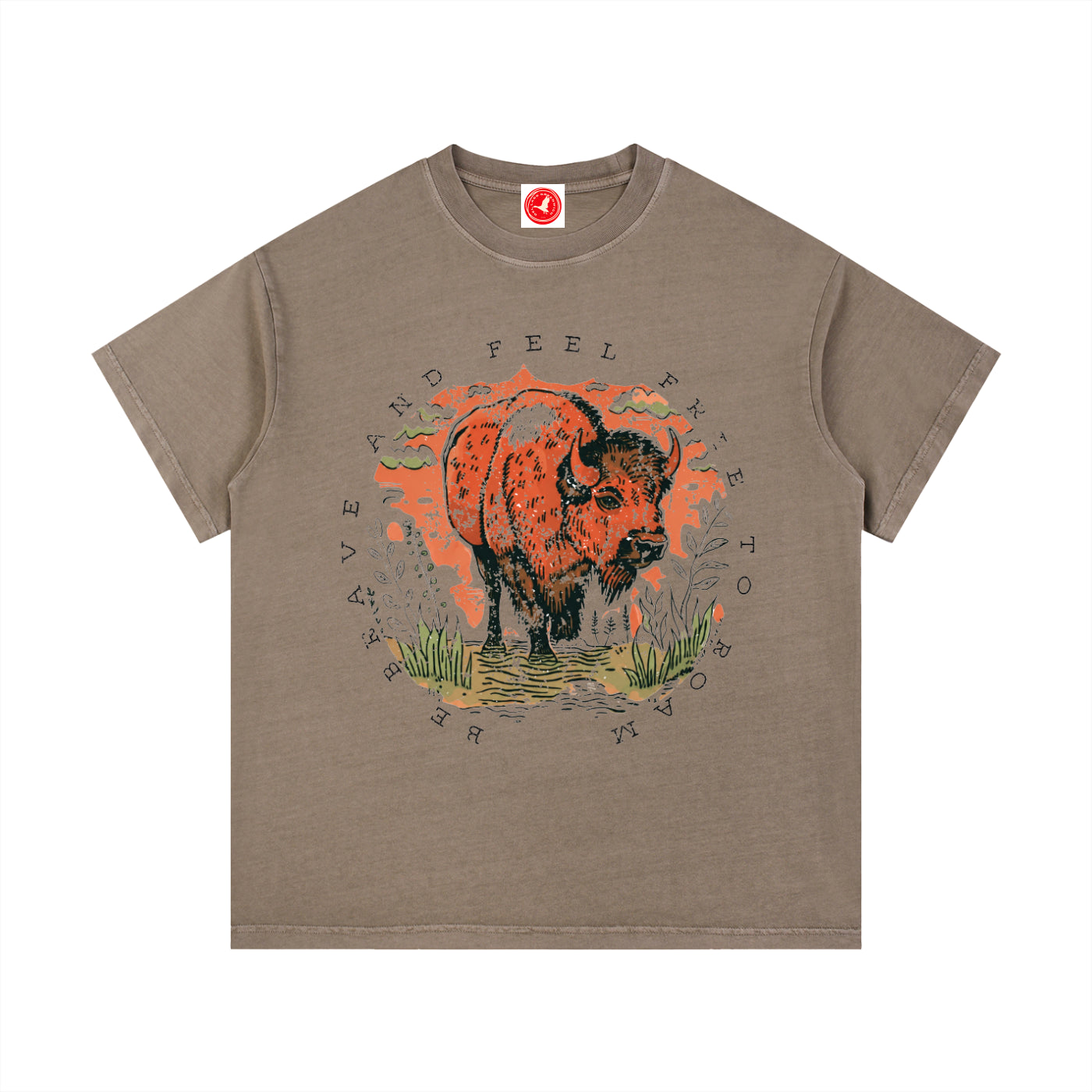 Brown Feel Free to Roam graphic t-shirt featuring buffalo artwork inspired by wildlife, exploration, and the American West.