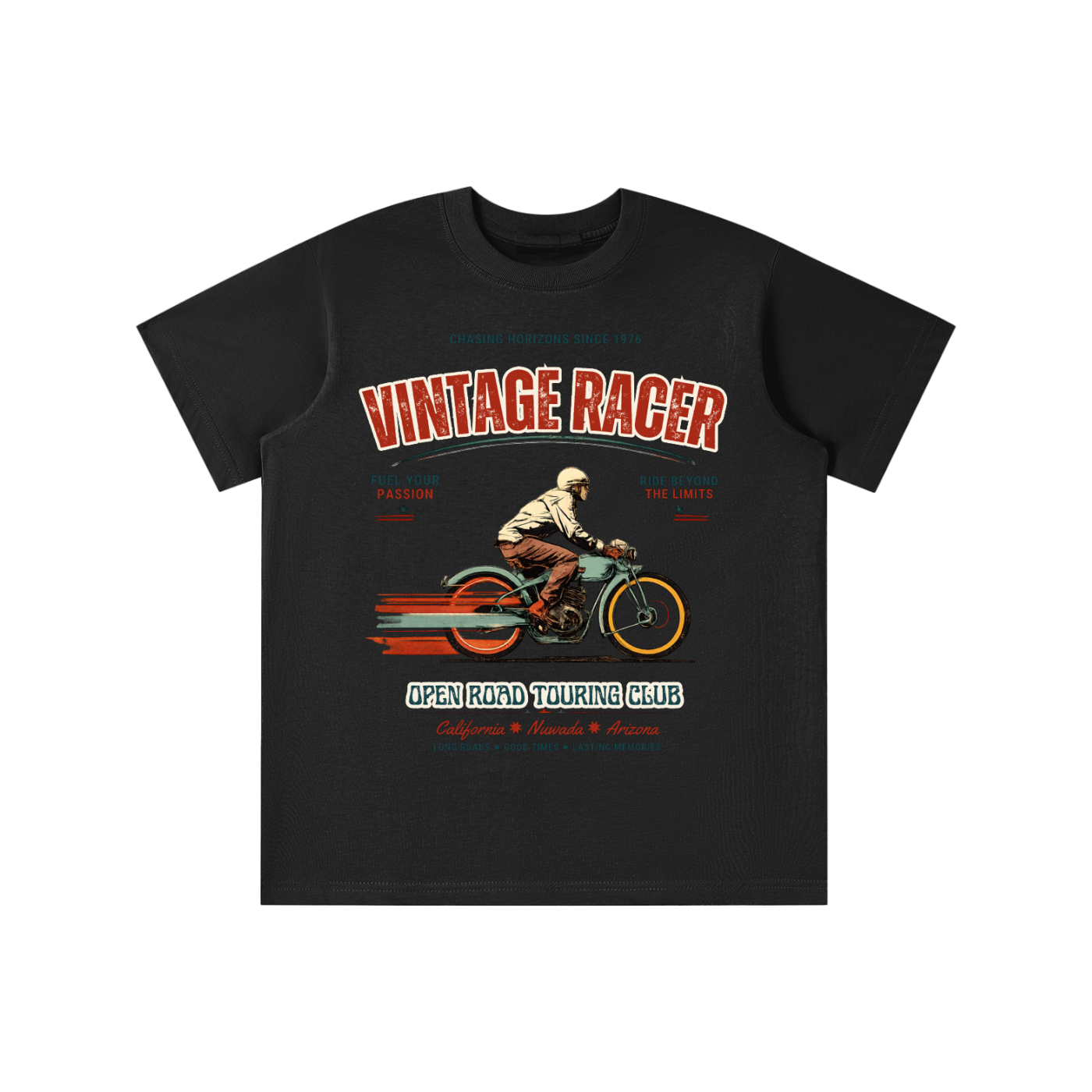 Vintage Street Racer kids graphic t-shirt with retro motorcycle illustration 
