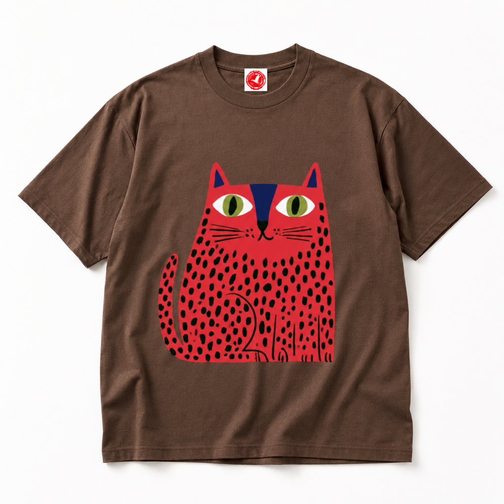 Brown oversized Wide-Eyed Cat graphic tee with a bold red spotted cat illustration on a white background.