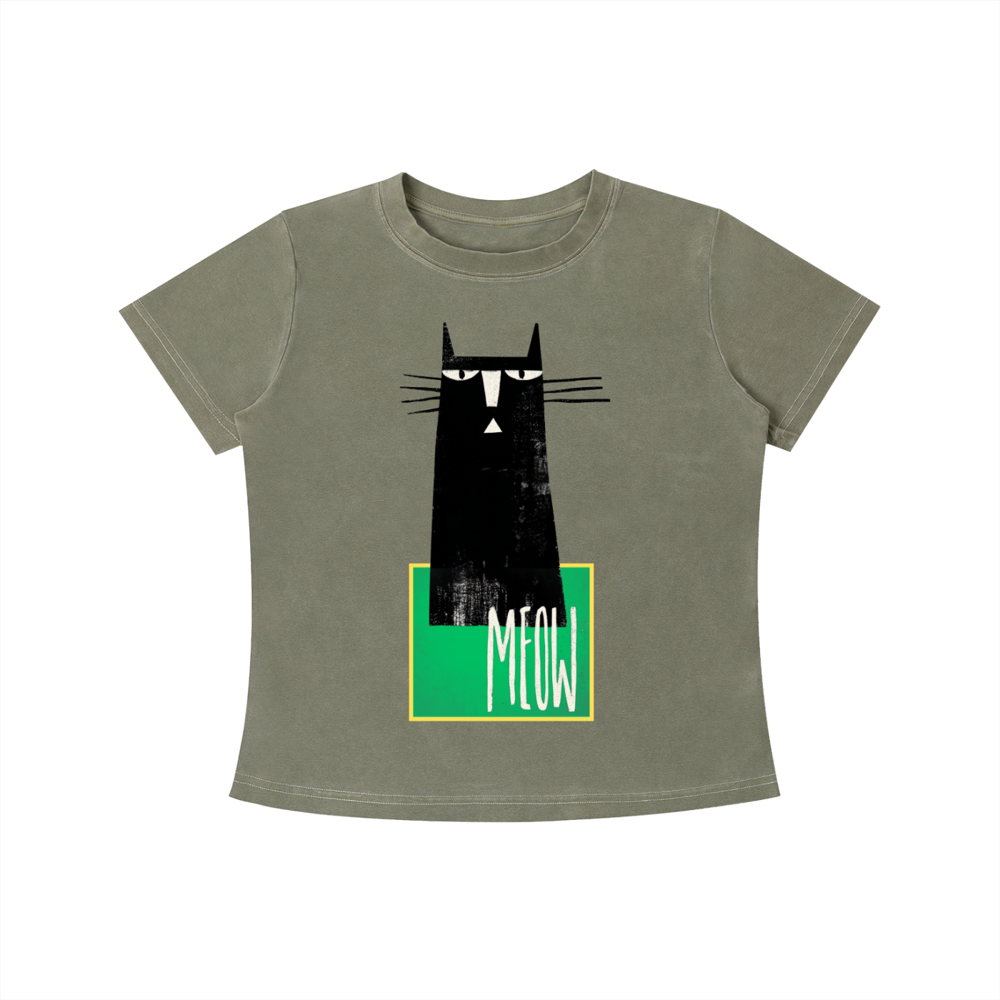 Gray MEOW graphic t-shirt featuring minimalist cat artwork inspired by feline lovers and modern design.