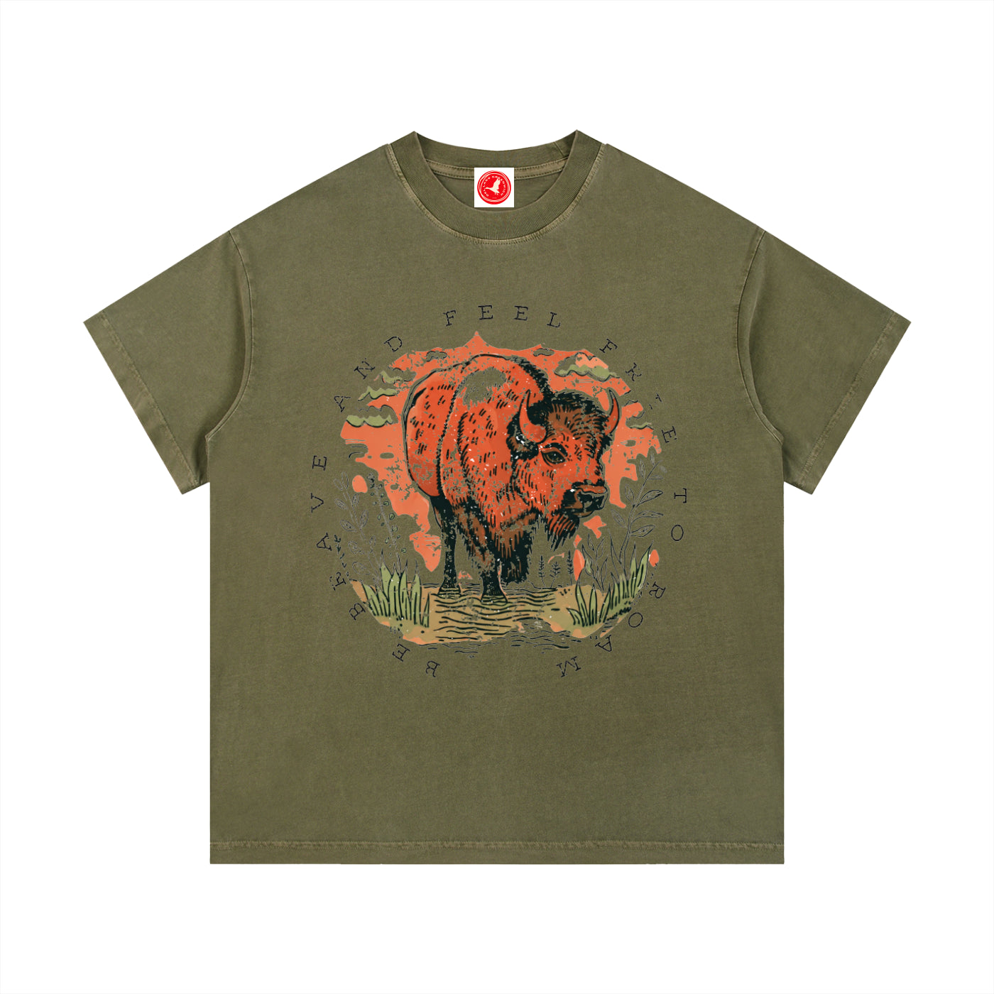 Green Feel Free to Roam graphic t-shirt featuring buffalo artwork inspired by wildlife, exploration, and the American West.