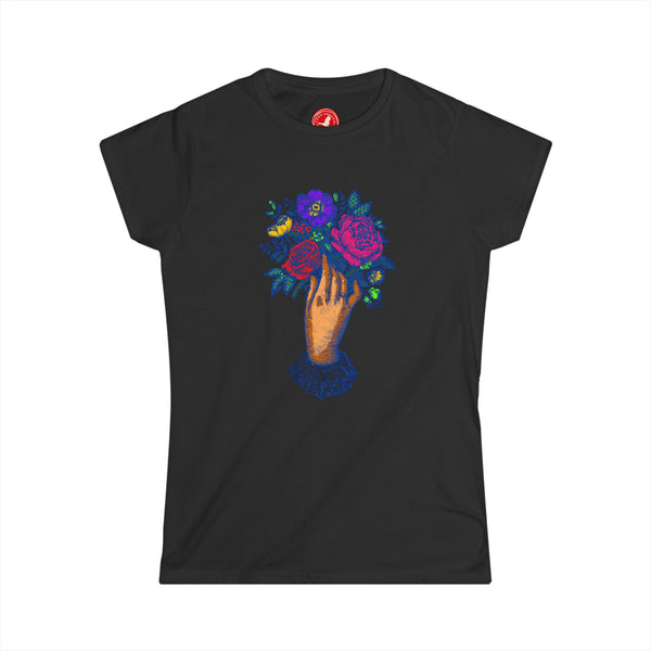 Black t-shirt with colorful floral design on a white background