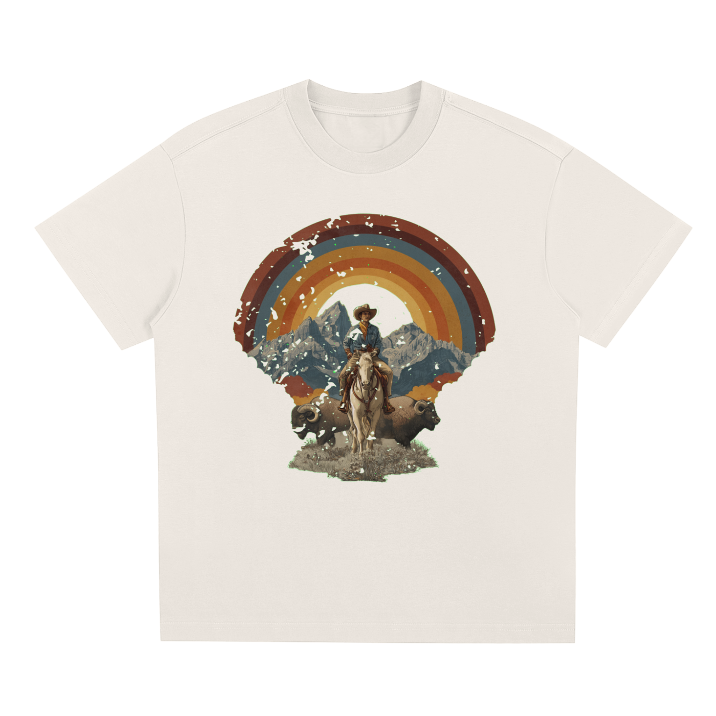 Beige  Wild West Sunset Rider graphic t-shirt featuring western sunset artwork inspired by horseback adventure and frontier landscapes.