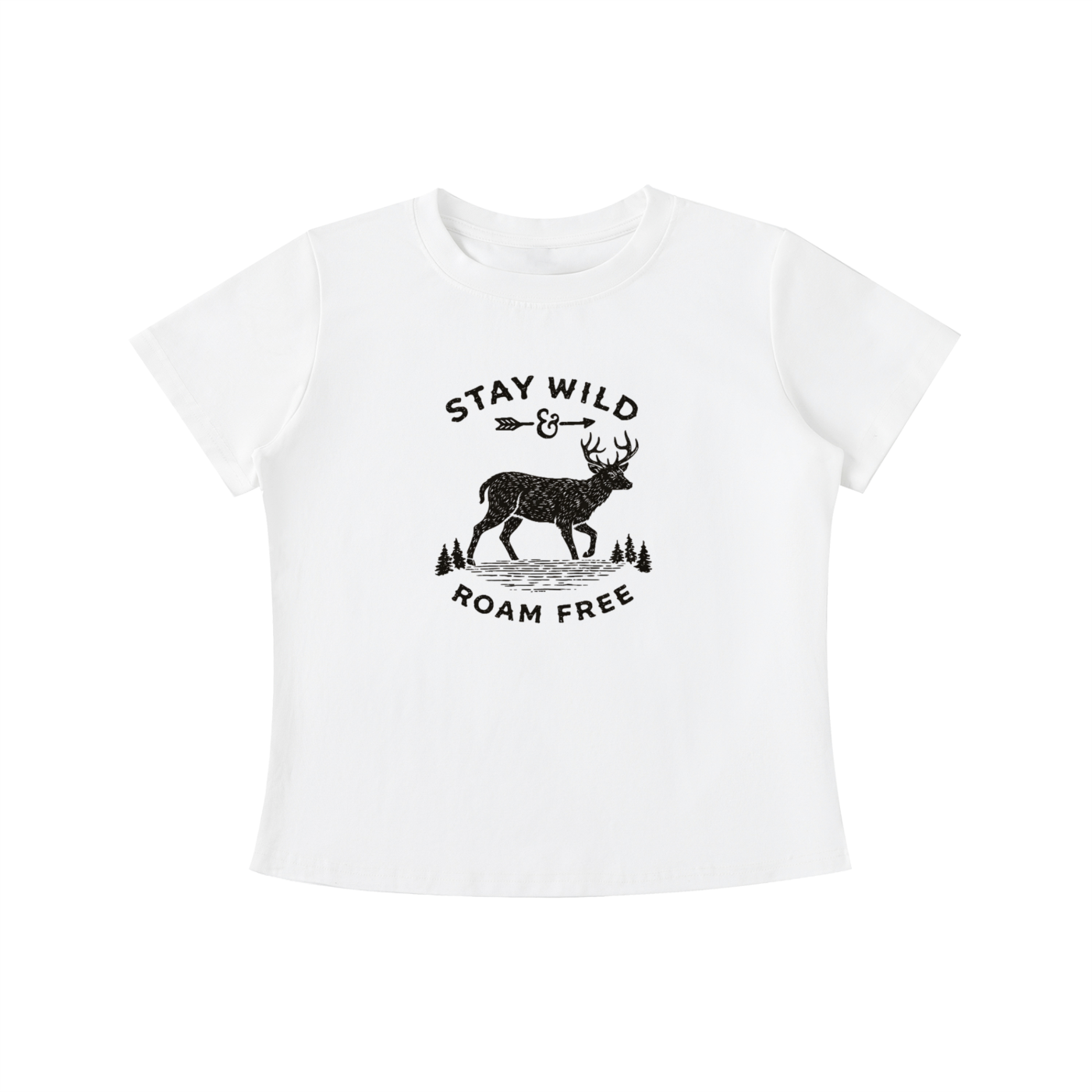 White Stay Wild Roam Free graphic t-shirt featuring adventure-inspired artwork celebrating freedom, exploration, and outdoor living.