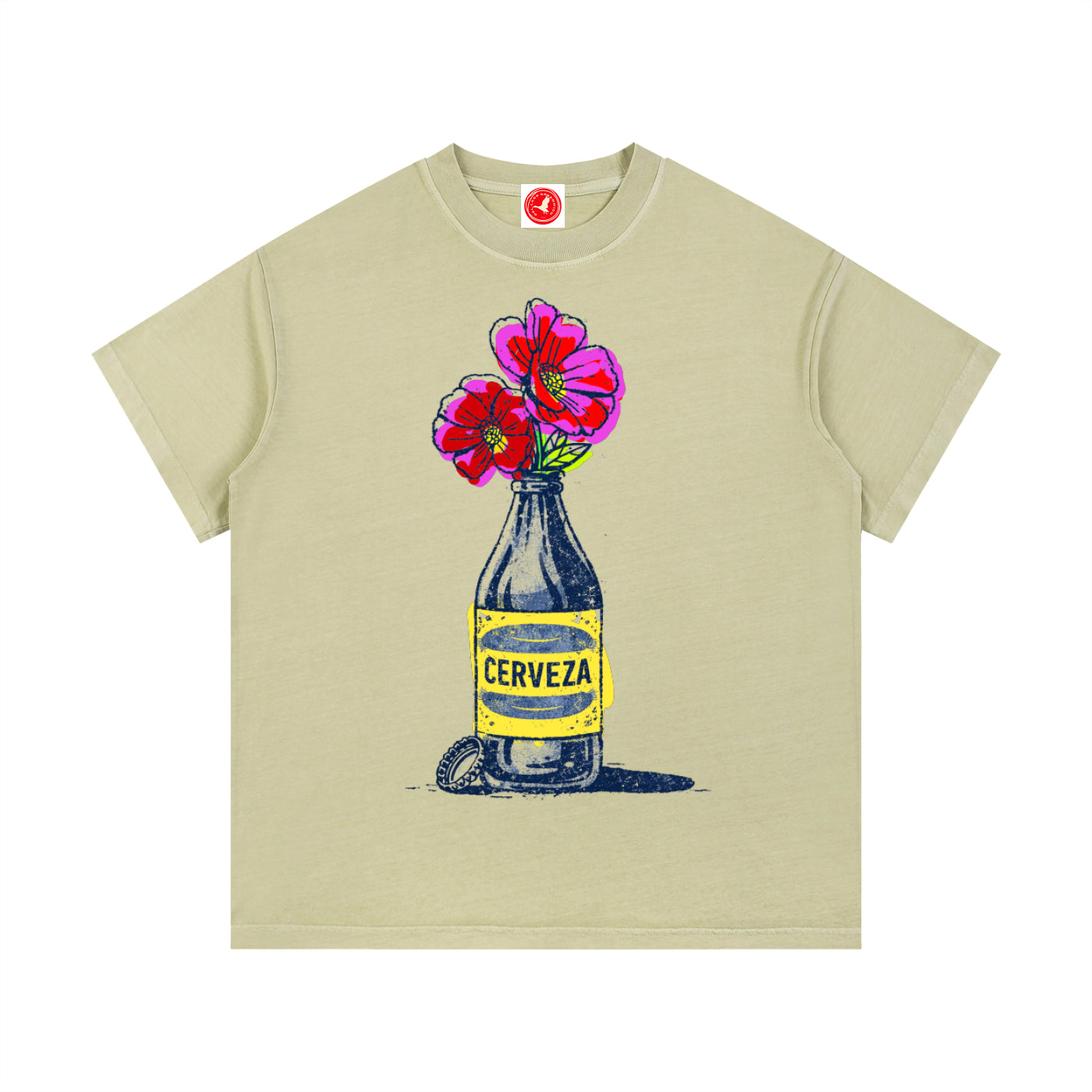 Beige Cerveza Bloom Bottle graphic t-shirt featuring floral bottle artwork inspired by vintage design and botanical illustration.