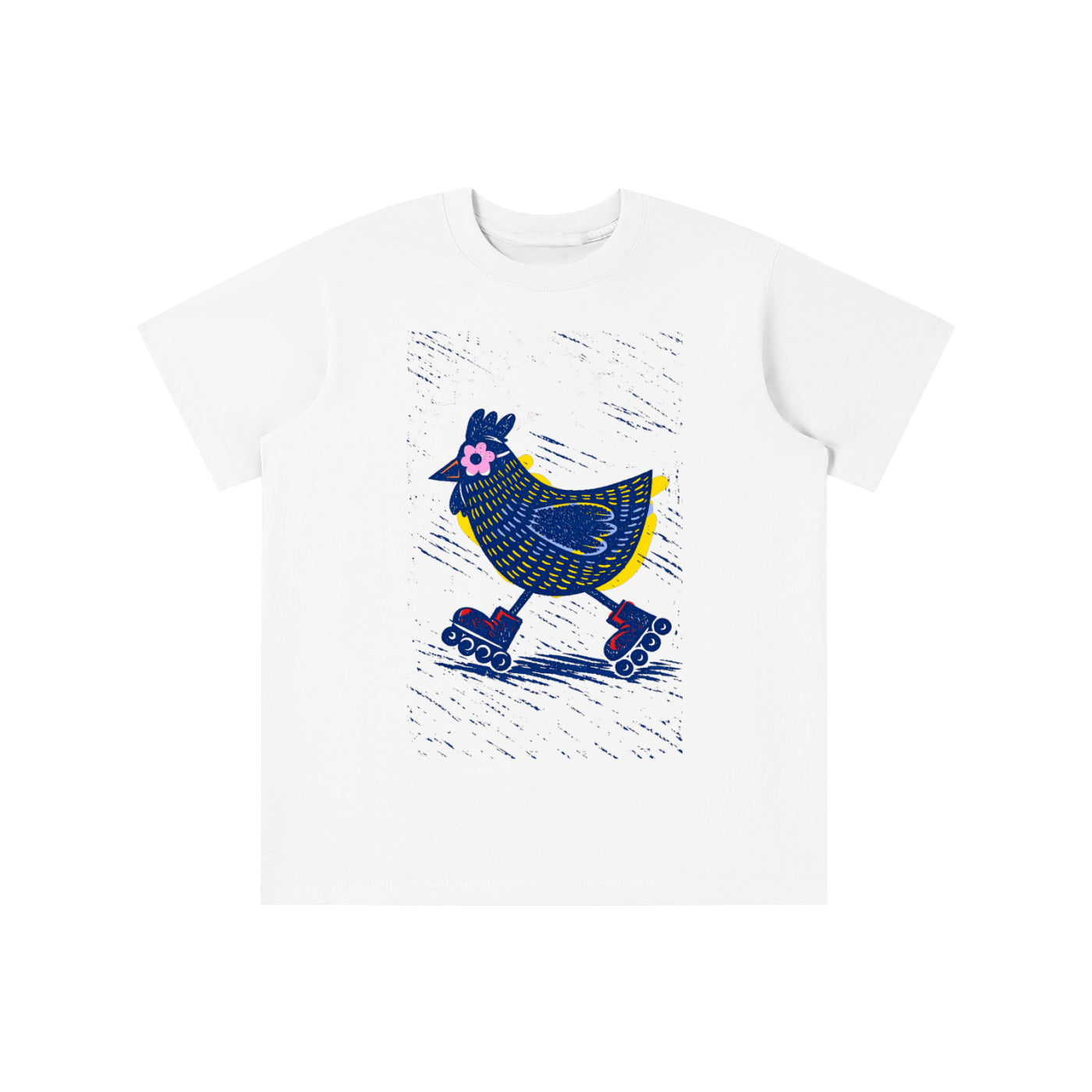 Roller Skating Chicken graphic t-shirt featuring whimsical chicken artwork inspired by vintage fun and playful illustration.