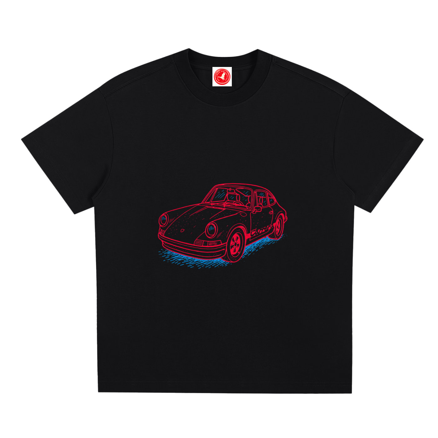 Silent Tactical oversized graphic t-shirt featuring a neon-inspired sports car illustration, available in multiple color options with a relaxed unisex fit.