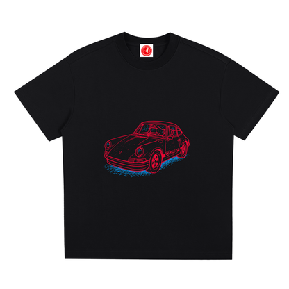 Silent Tactical oversized graphic t-shirt featuring a neon-inspired sports car illustration, available in multiple color options with a relaxed unisex fit.