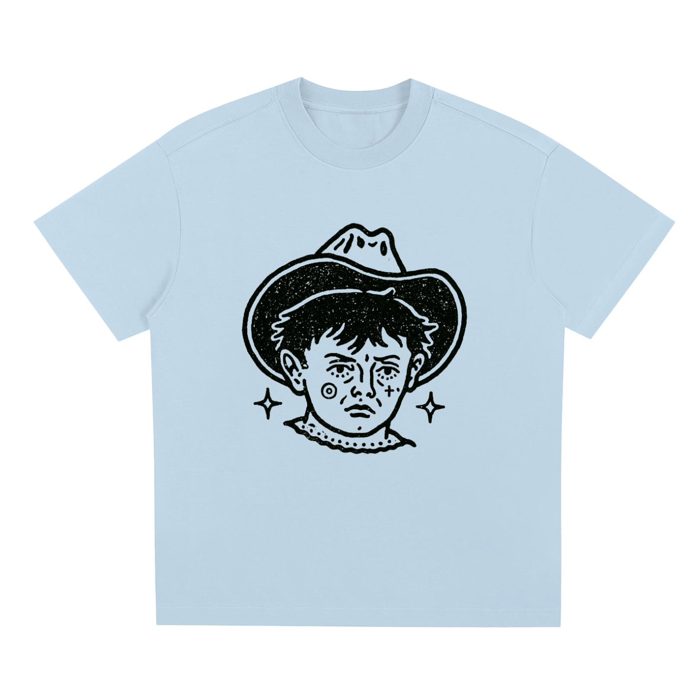 Light blue Lonesome Cowboy graphic t-shirt featuring western-inspired artwork celebrating rugged Americana and frontier spirit.
