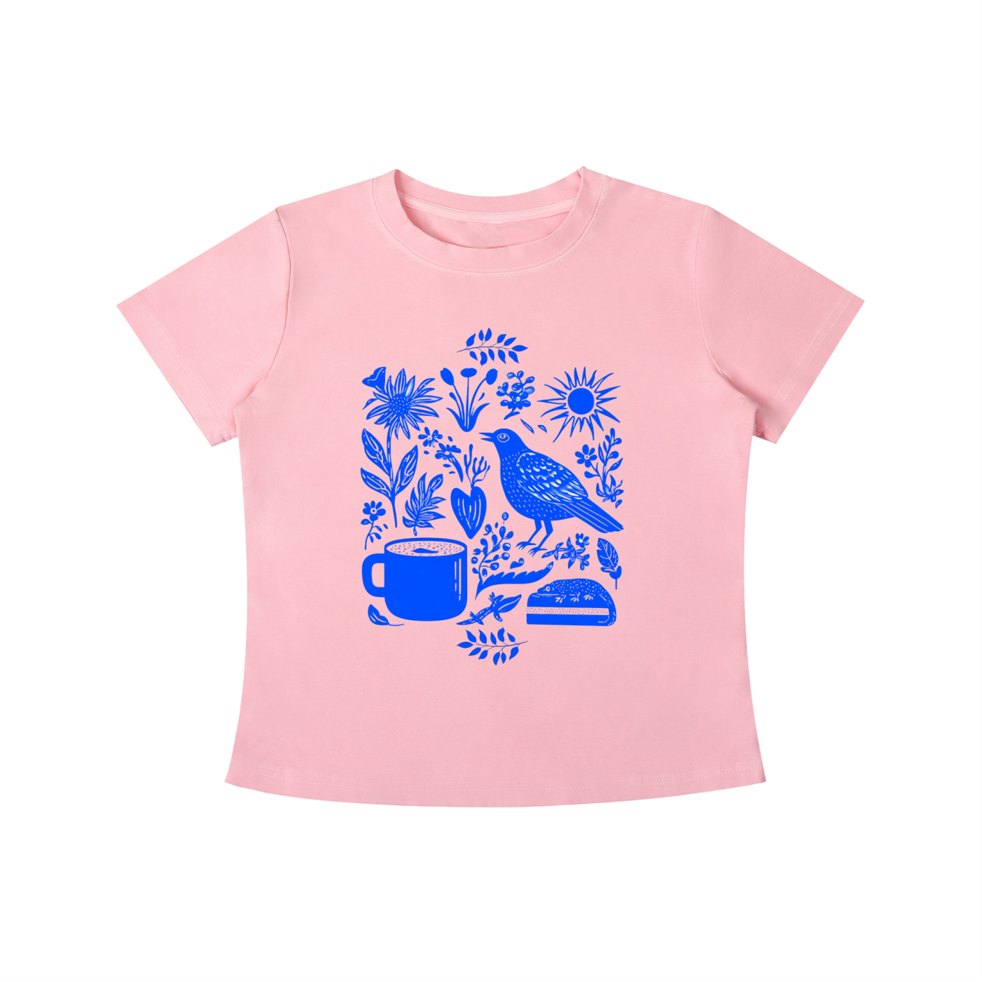 Pink Indigo Morning Garden graphic t-shirt featuring botanical artwork inspired by wildflowers, gardens, and natural beauty.