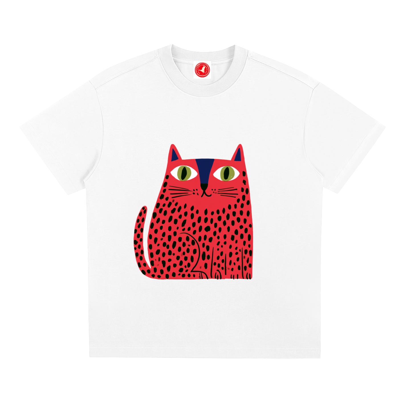 Short-sleeve crewneck t-shirt featuring a stylized graphic of a red cat with black spots and green eyes on the front, displayed against a solid white background.