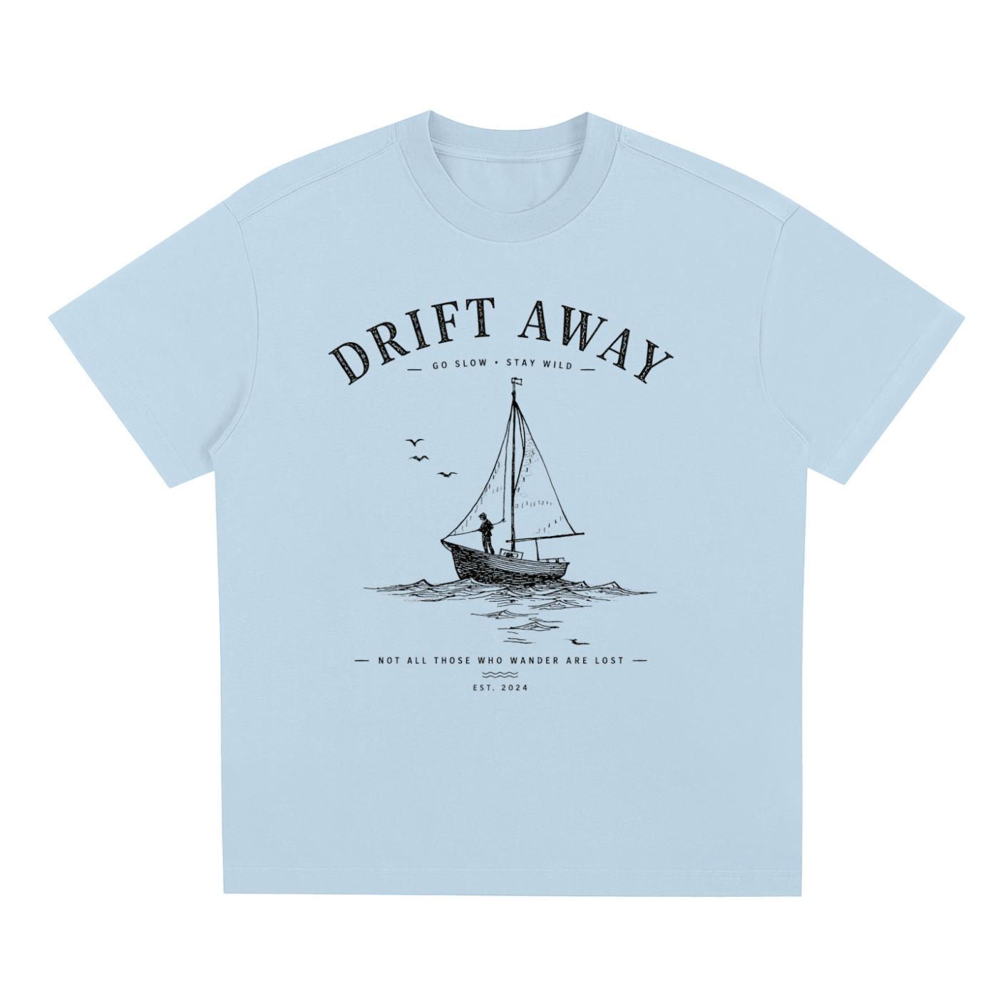 Light blue Coastal graphic t-shirt featuring laid-back artwork inspired by ocean breezes, travel, and relaxation.
