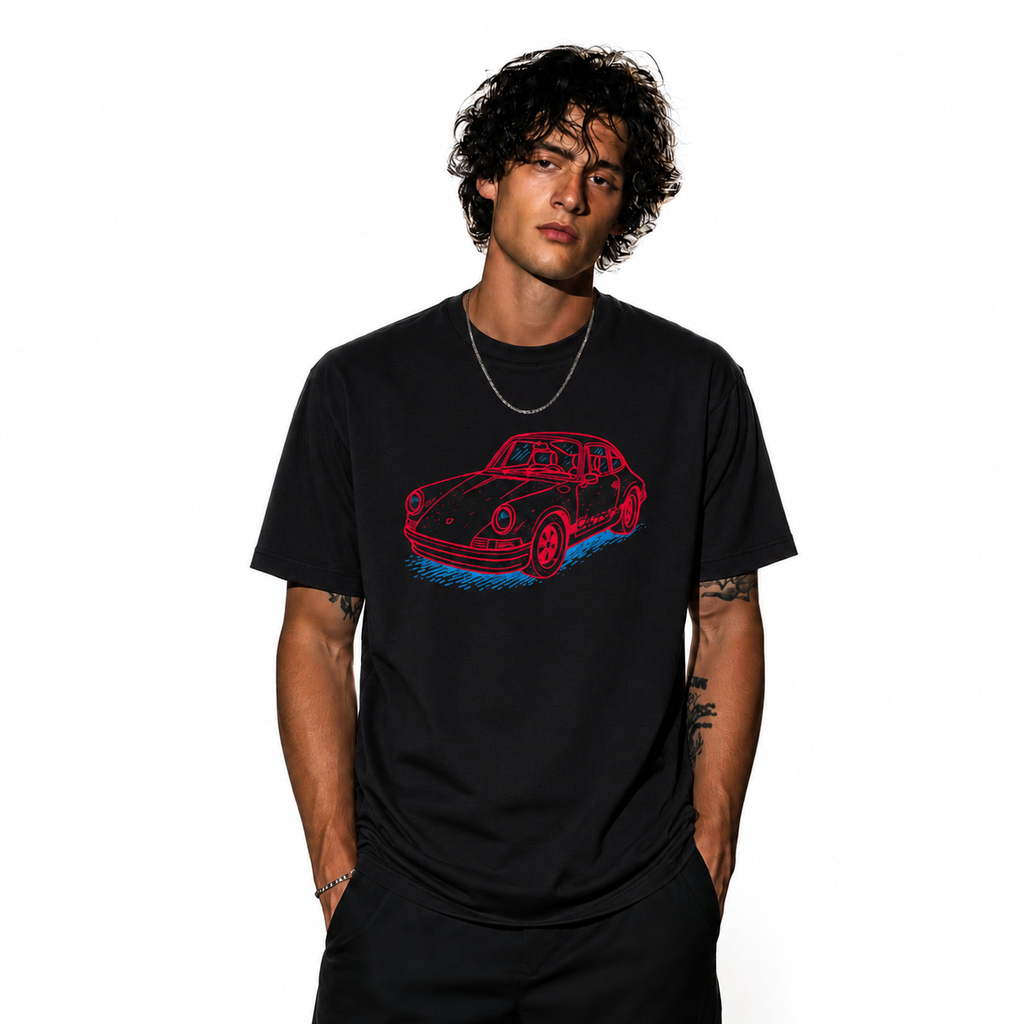 Man wearing the Silent Tactical black oversized graphic t-shirt featuring a neon-inspired sports car design and relaxed streetwear fit.