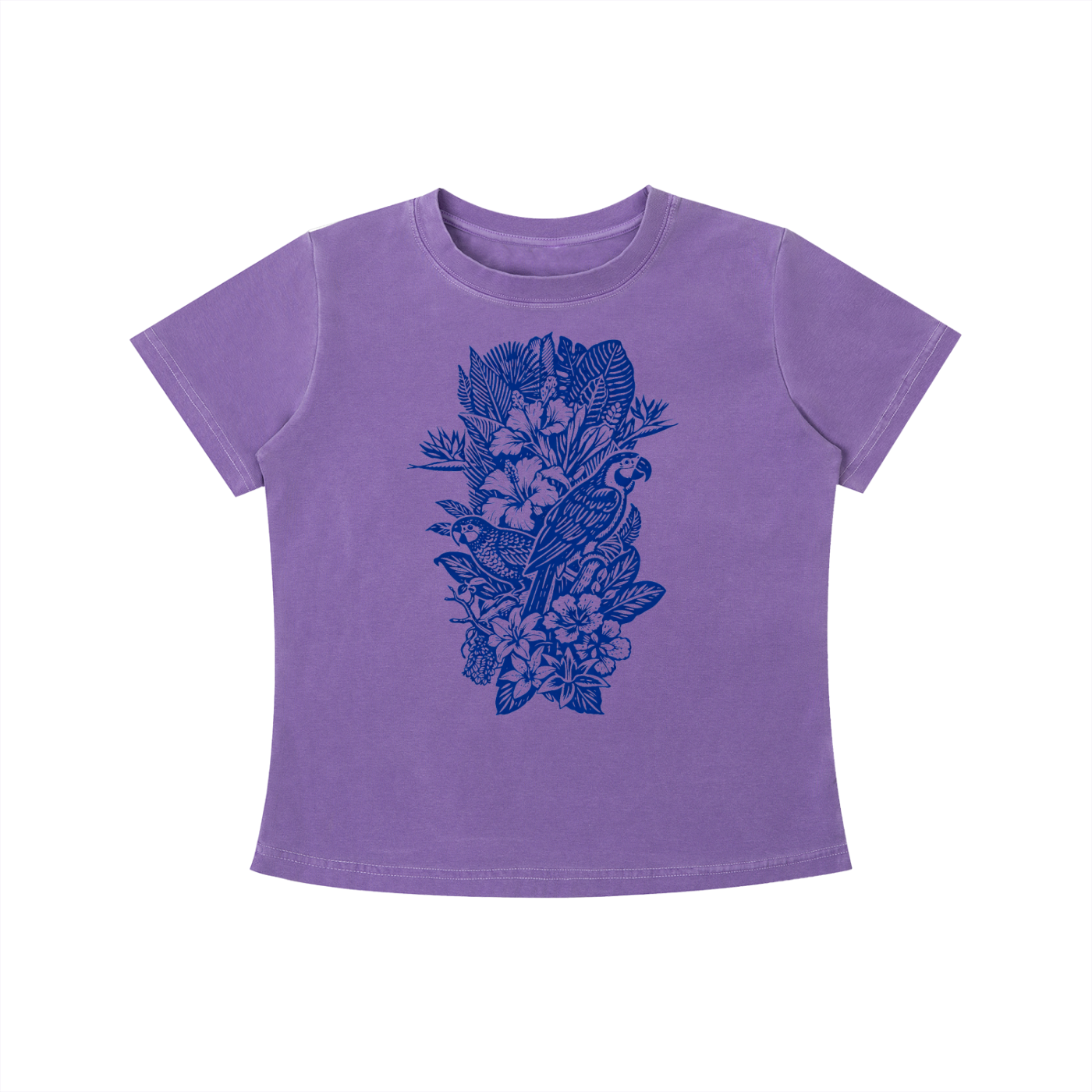 Purple Indigo Aviary graphic t-shirt featuring botanical bird artwork inspired by nature and vintage illustration.