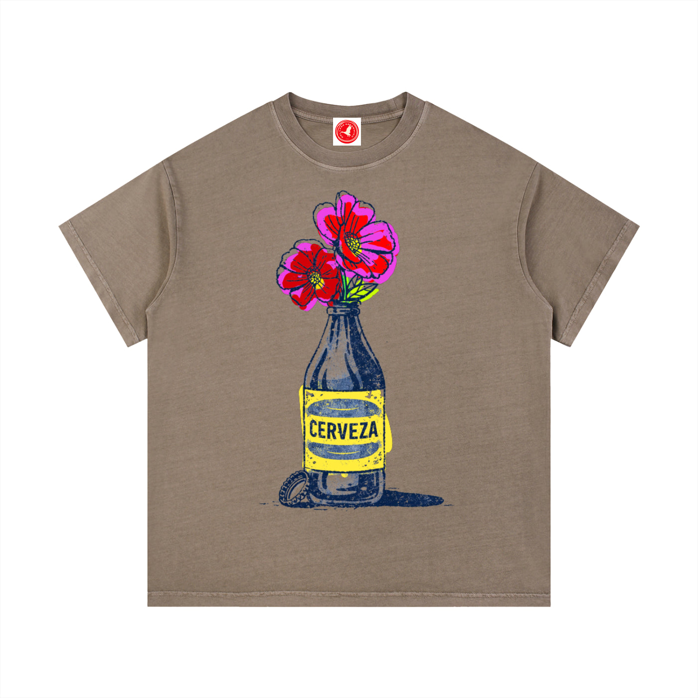 Brown Cerveza Bloom Bottle graphic t-shirt featuring floral bottle artwork inspired by vintage design and botanical illustration.