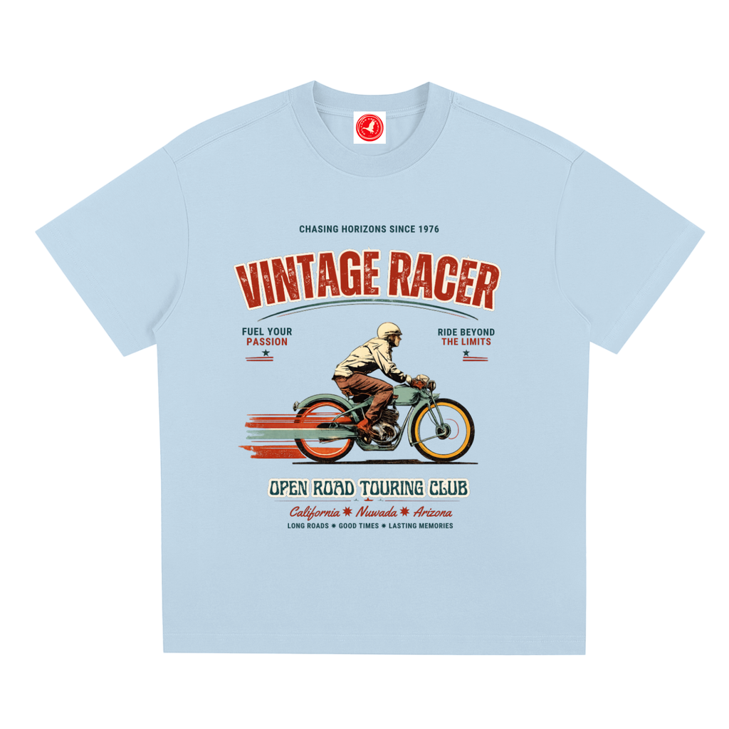 Light blue Vintage racer graphic t-shirt featuring retro touring club artwork inspired by classic road trips and motorsport culture.