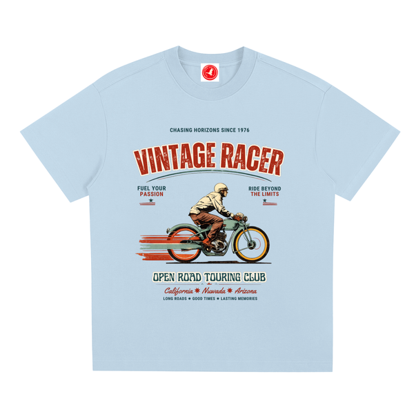 Light blue Vintage racer graphic t-shirt featuring retro touring club artwork inspired by classic road trips and motorsport culture.